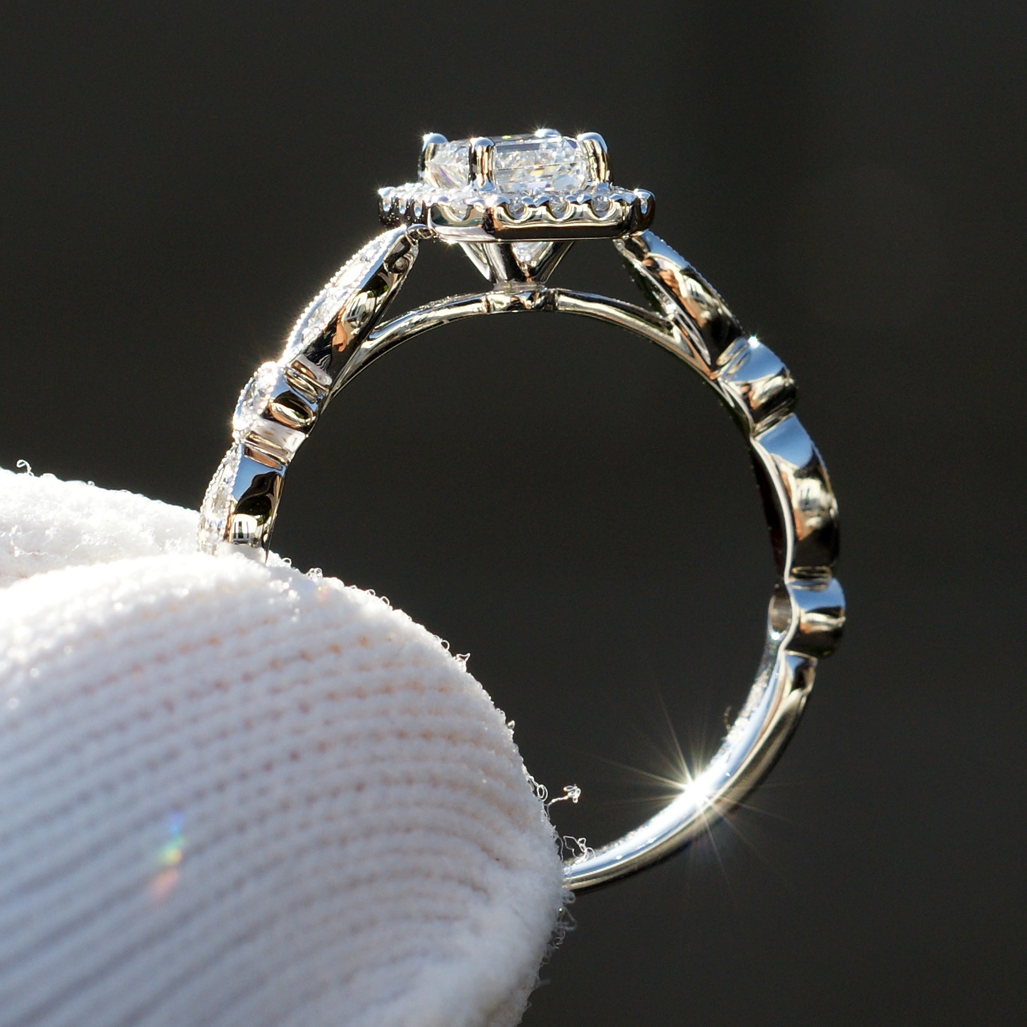 Natural asscher's cut diamond halo vintage style setting engagement ring white gold