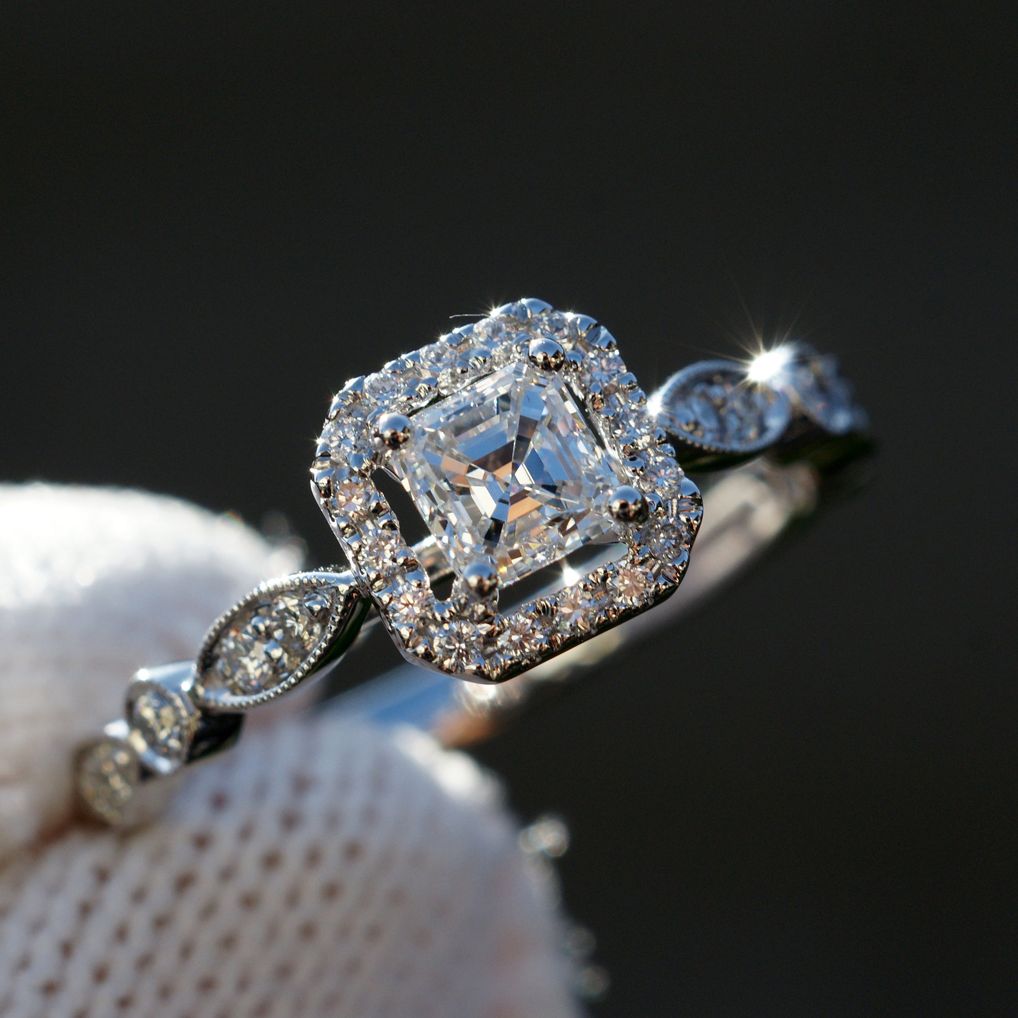 Natural asscher's cut diamond halo vintage style setting engagement ring white gold