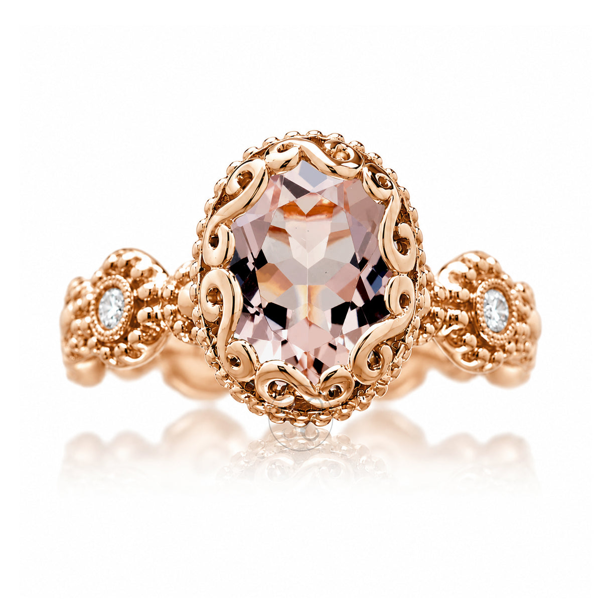Morganite ring in a vintage bohemian design eternity band with bezel setting rose gold