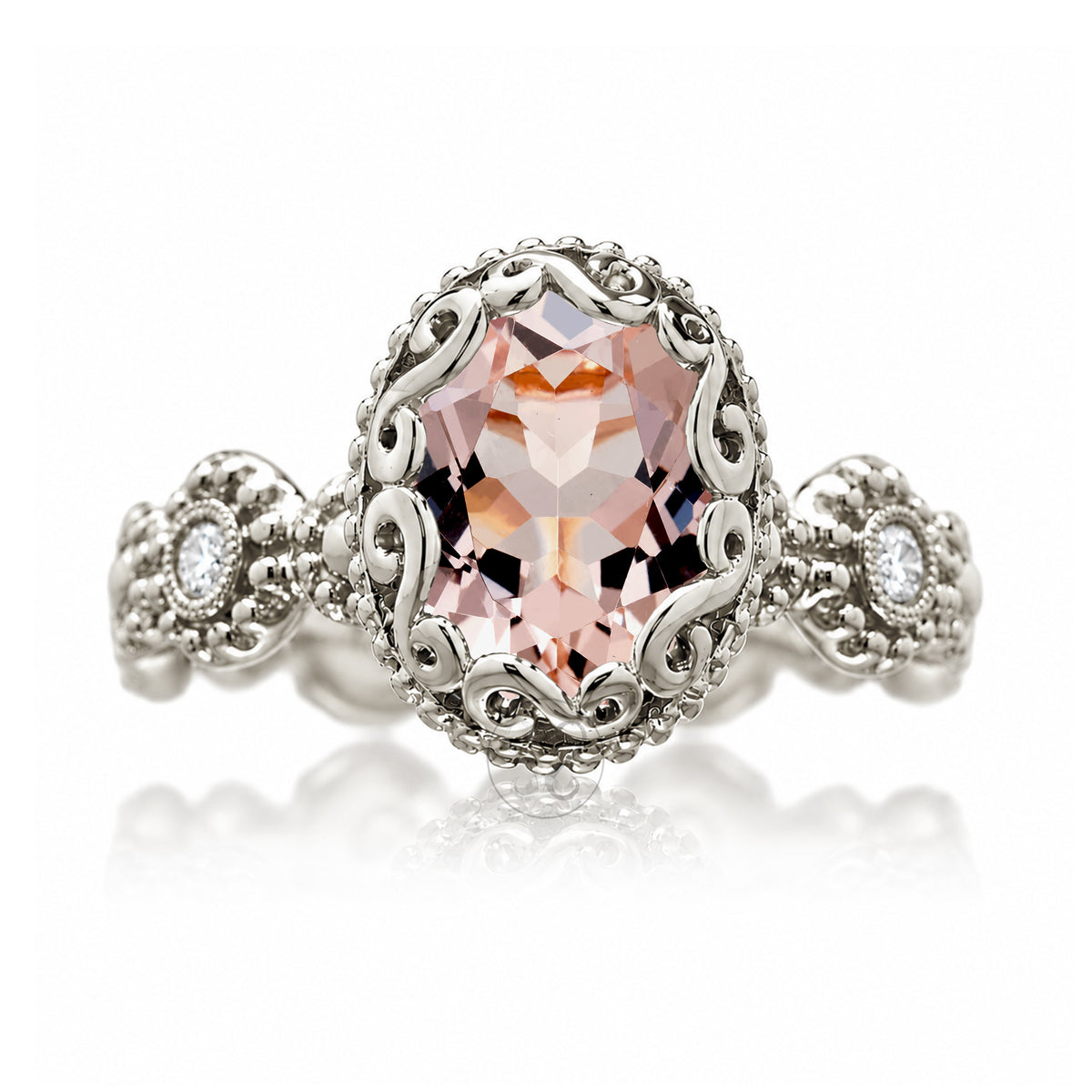 Morganite ring in a vintage bohemian design eternity band with bezel setting white gold