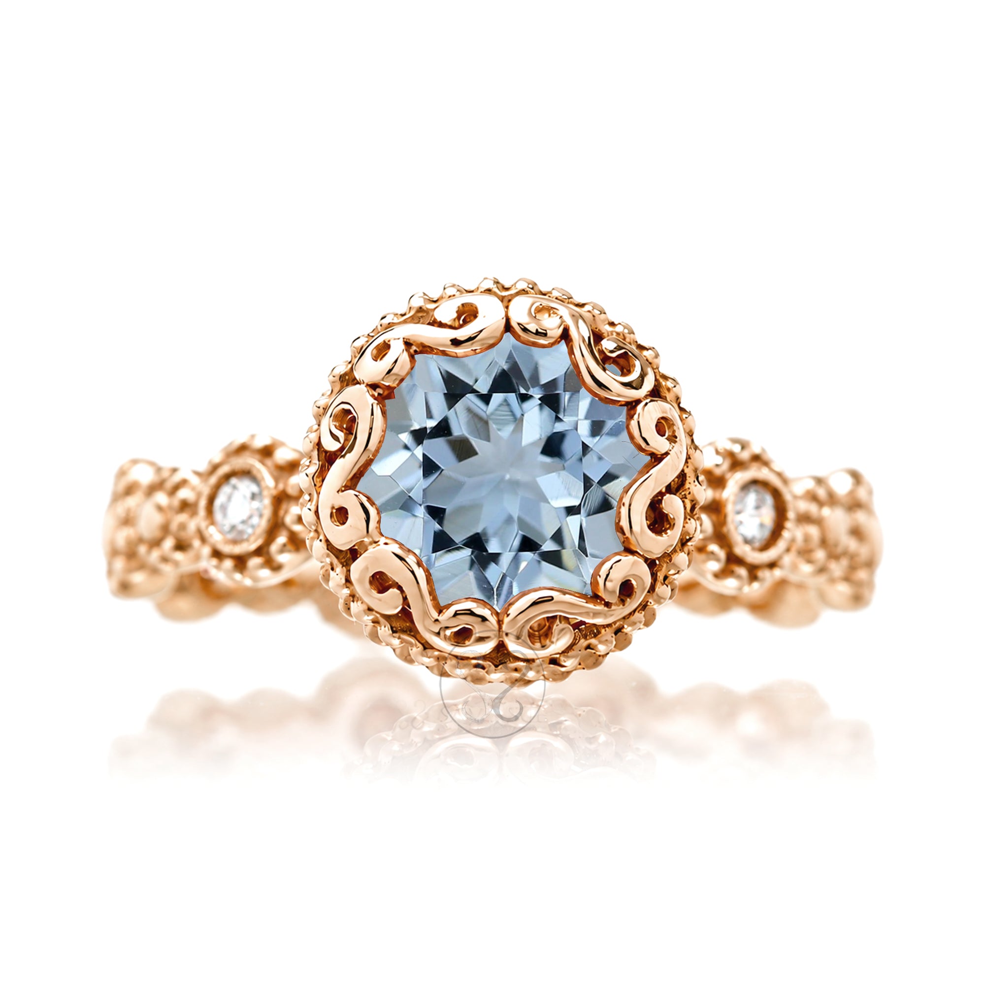 Round aquamarine bezel ornate center stone with vintage style eternity band rose gold The Nilda
