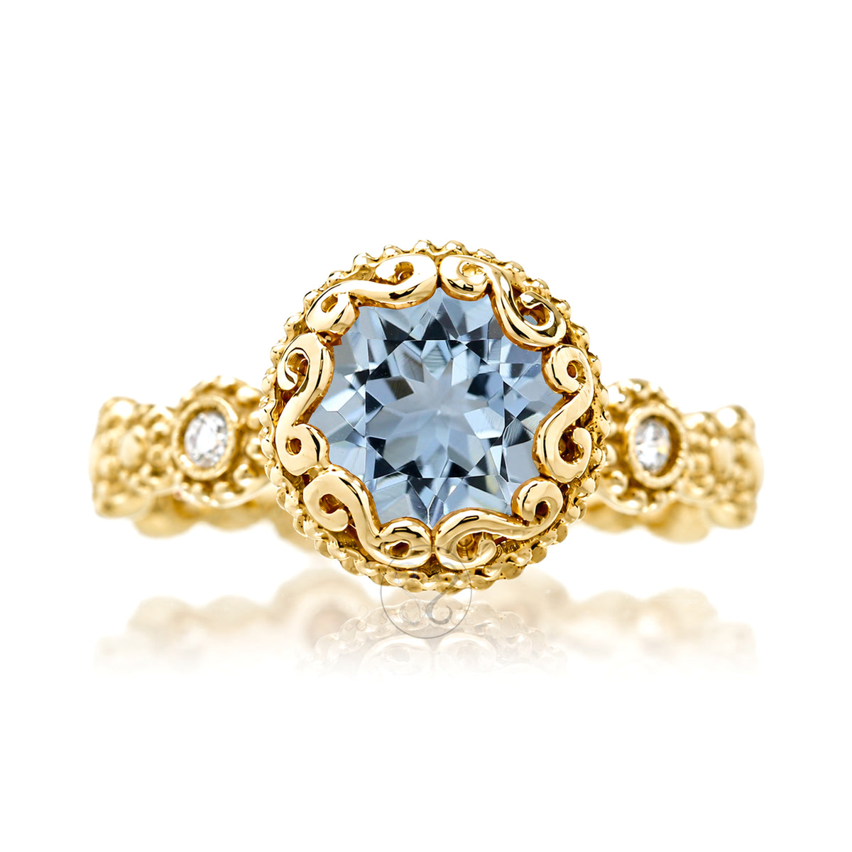 Round aquamarine bezel ornate center stone with vintage style eternity band yellow gold The Nilda
