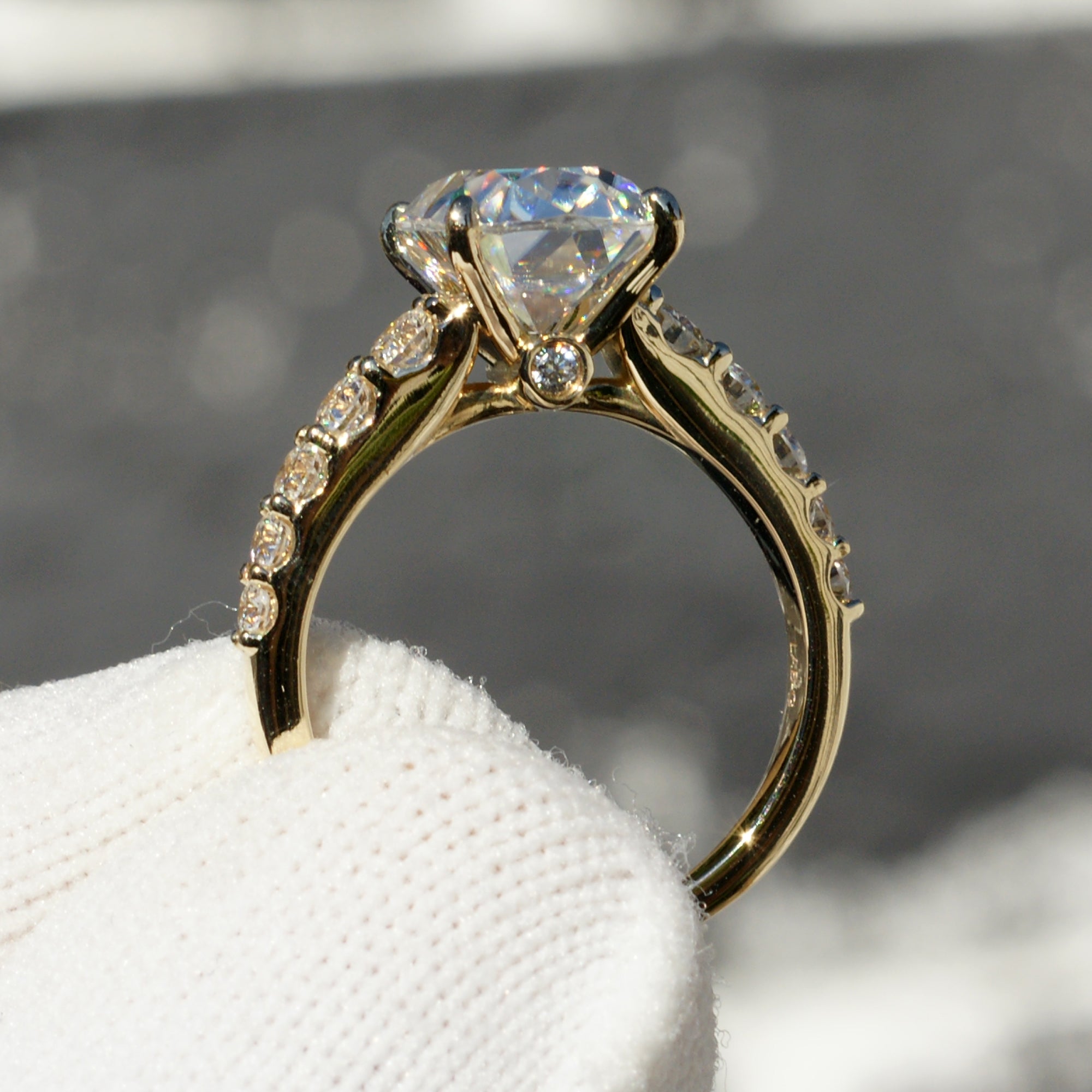 The Aria Old Miner's Cut Moissanite Ring Yellow Gold With Lab-grown Accent Diamonds