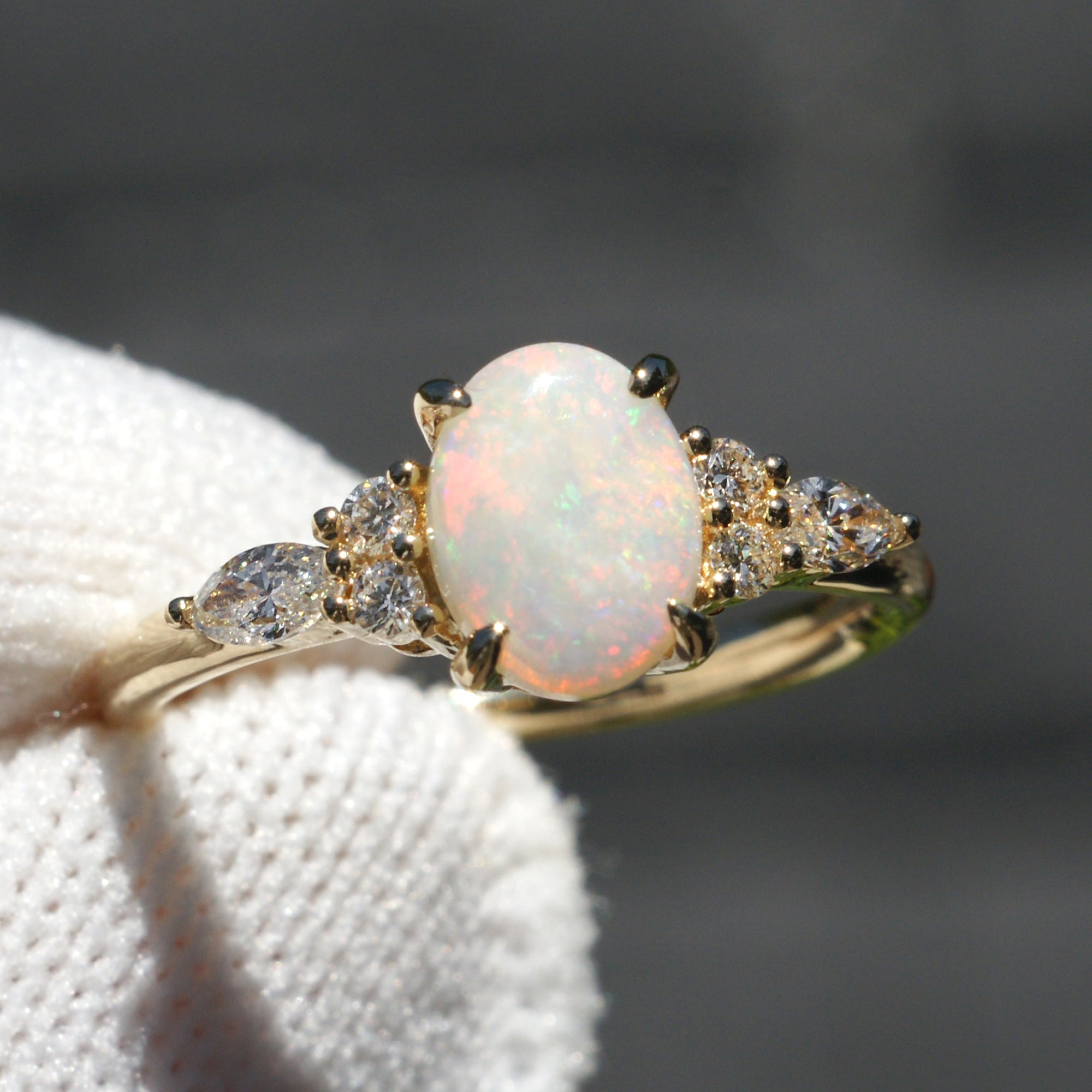 Opal And Marquise Diamond Three Stone Ring In 18k Yellow Gold
