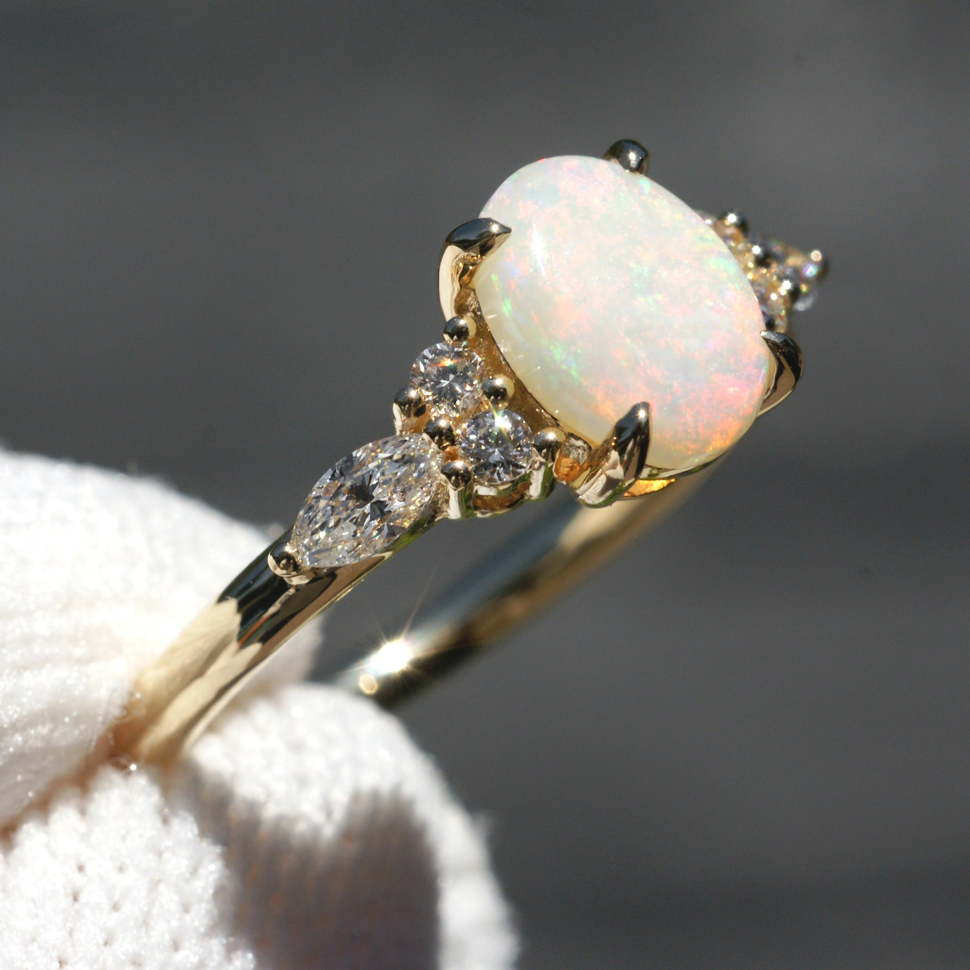 Natural Opal and marquise diamond ring in yellow gold