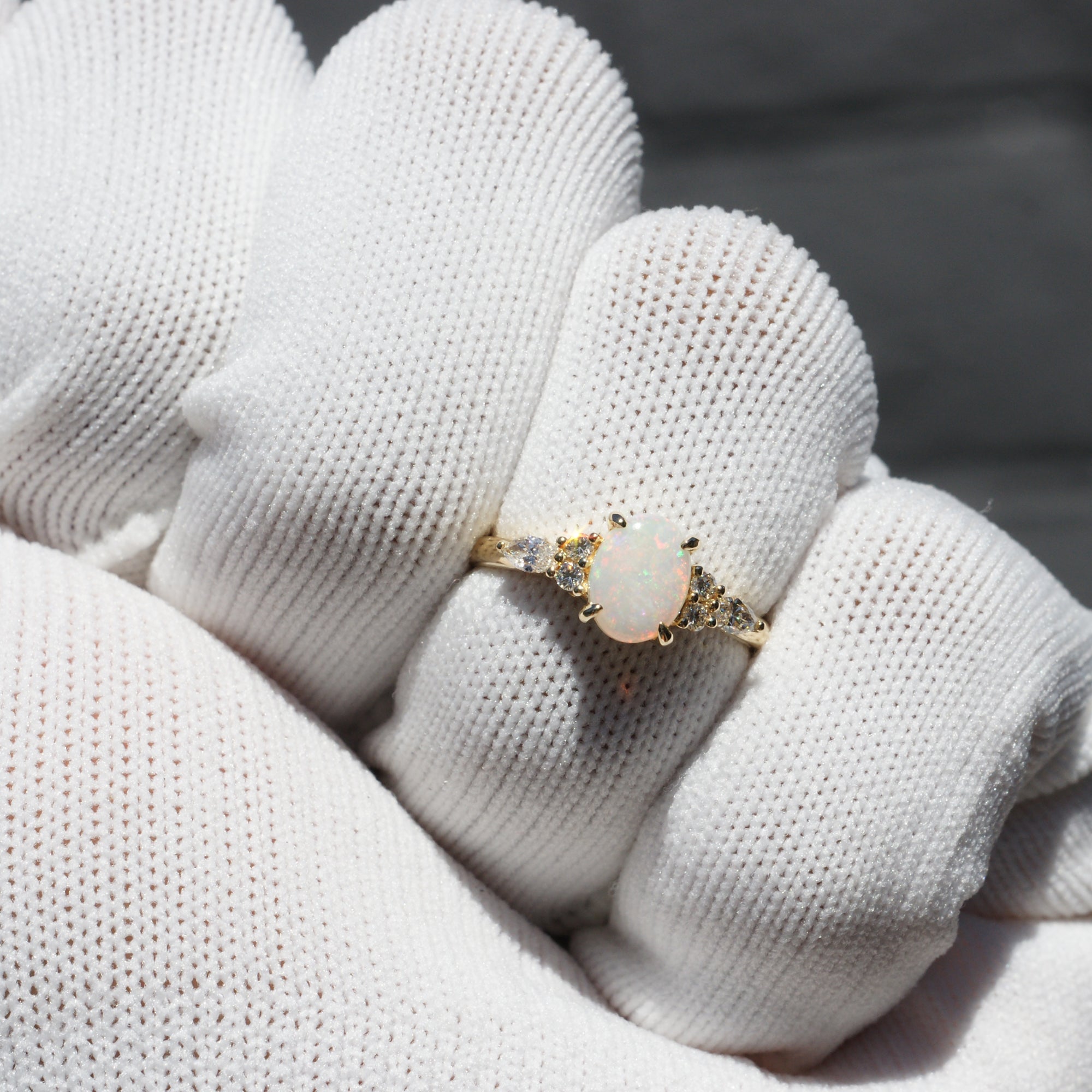 Natural Opal and marquise diamond ring in yellow gold