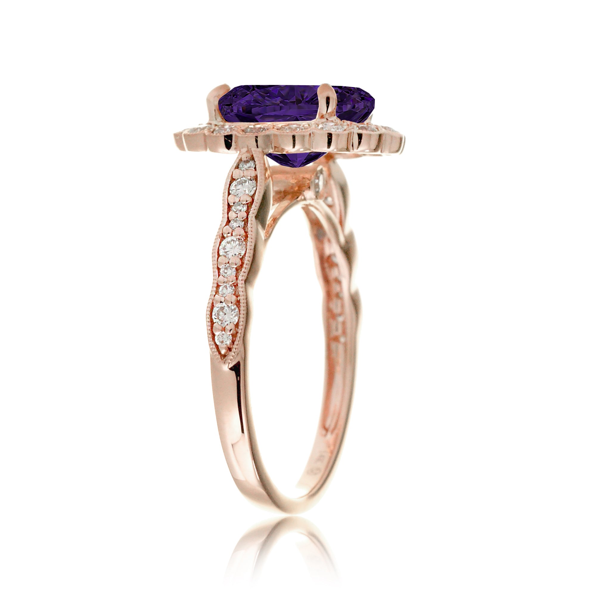 Amethyst diamond ring with vintage scallop halo and band rose gold