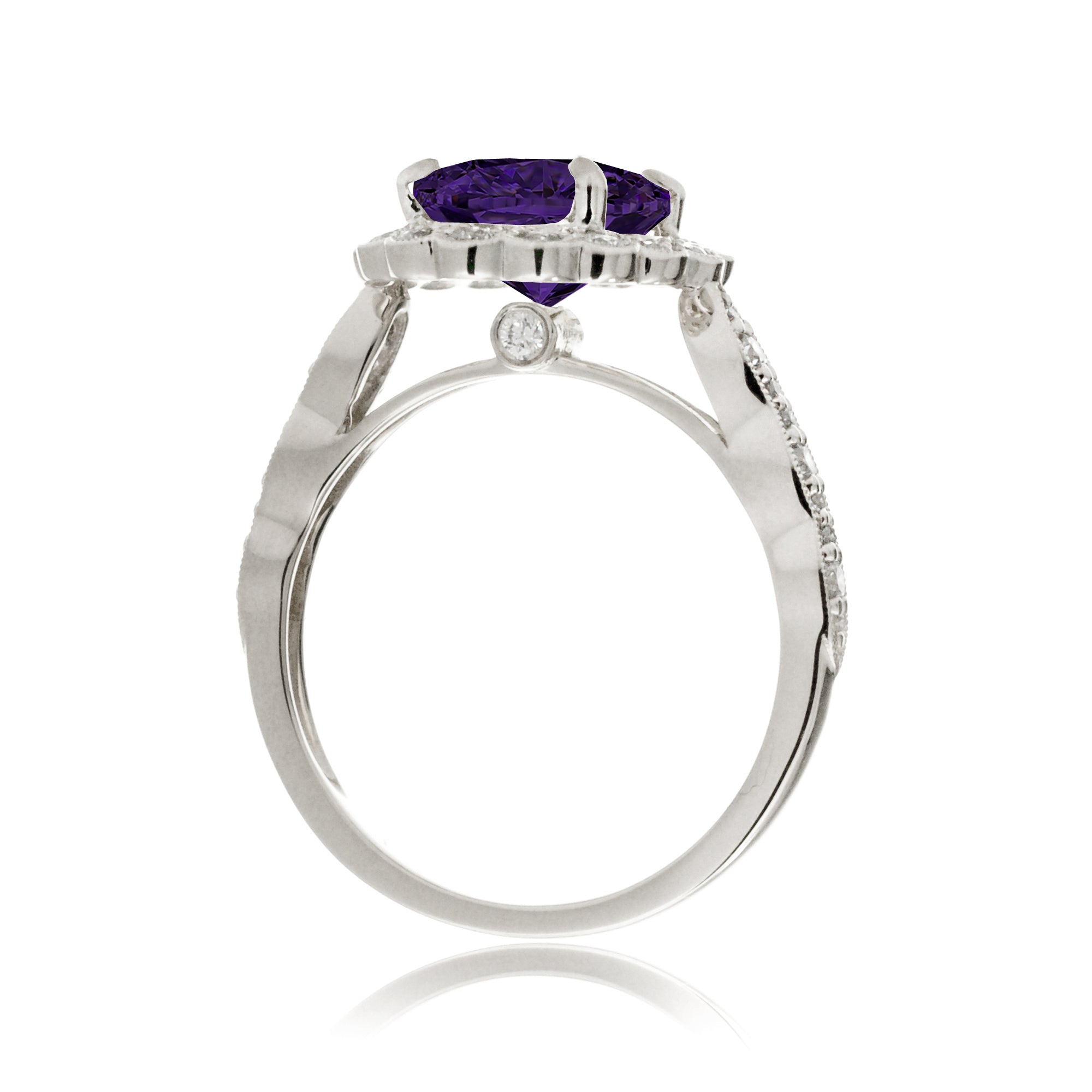 Amethyst diamond ring with vintage scallop halo and band white gold