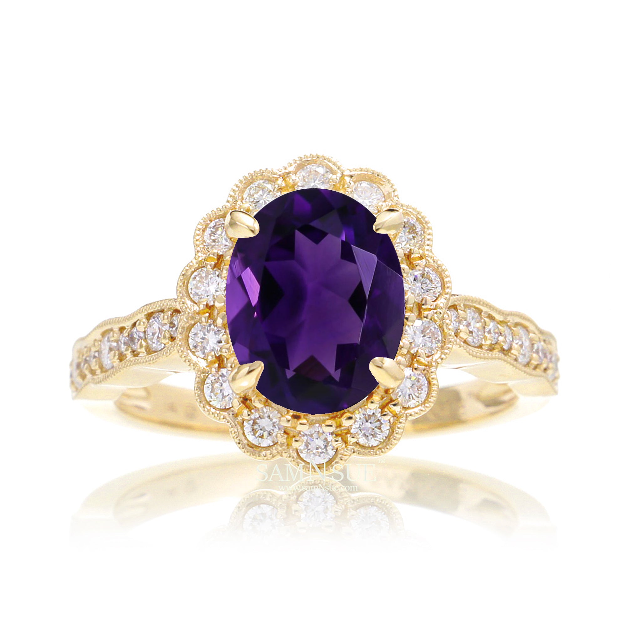 Amethyst diamond ring with vintage scallop halo and band yellow gold