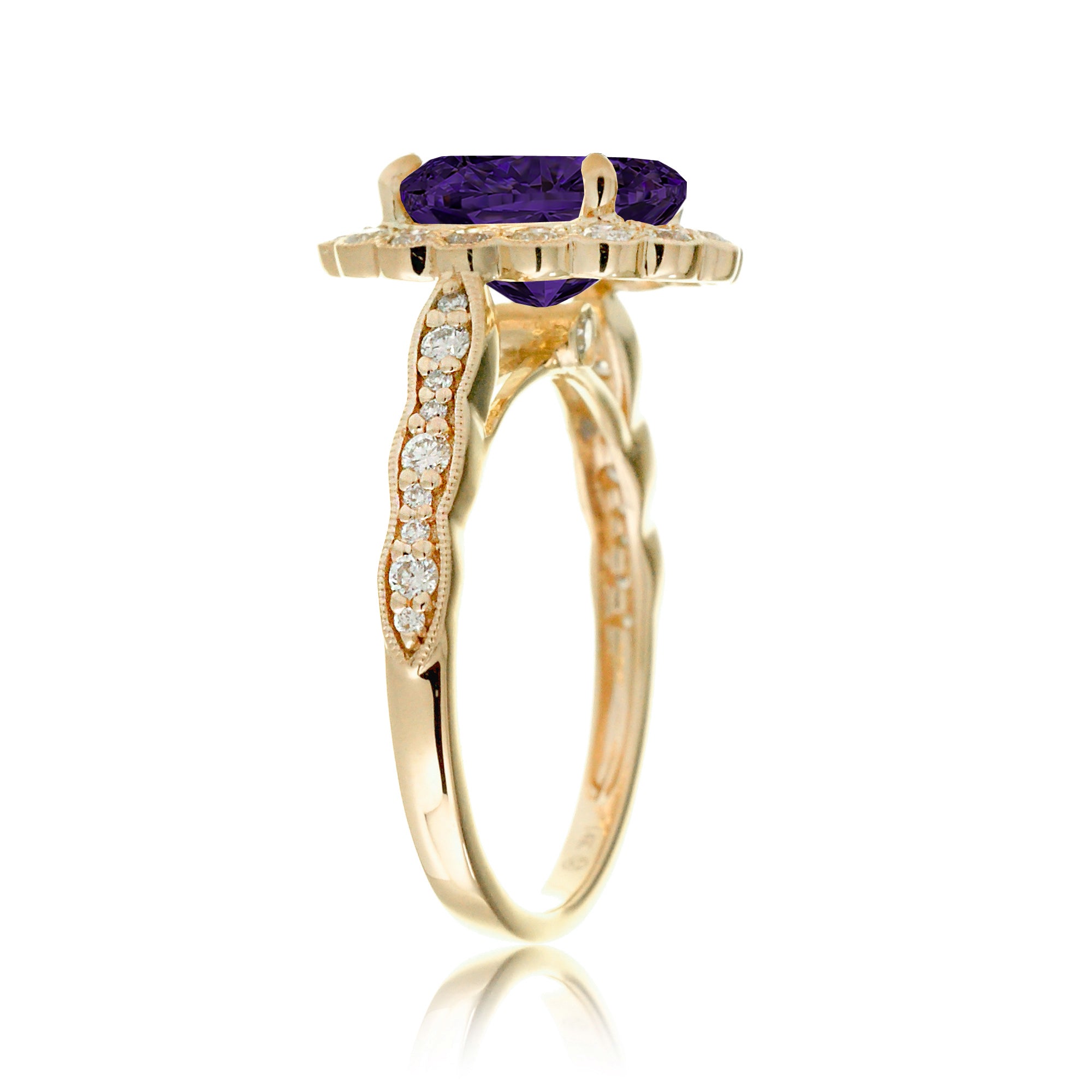Amethyst diamond ring with vintage scallop halo and band yellow gold