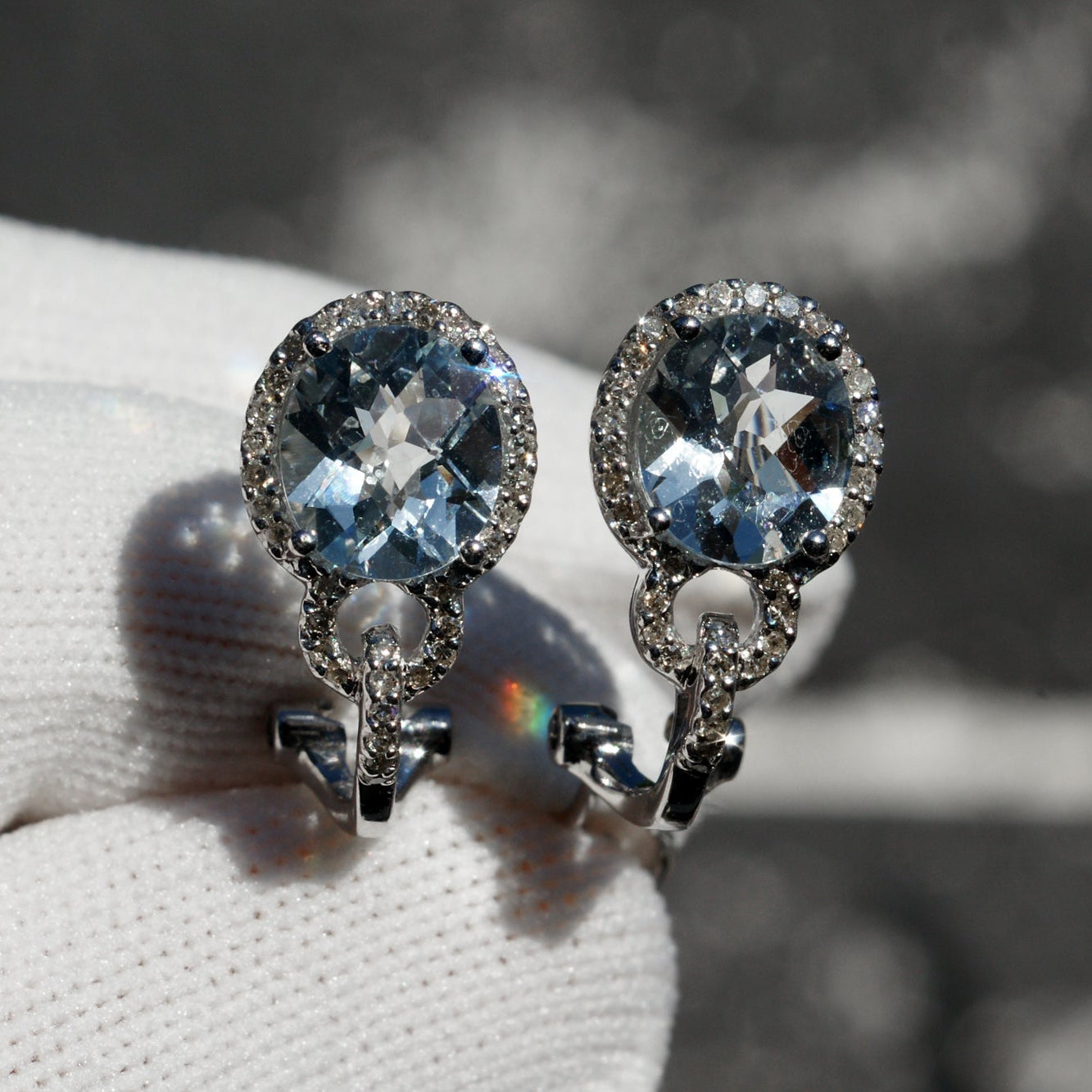 Oval Aquamarine Diamond Halo Huggies Earrings