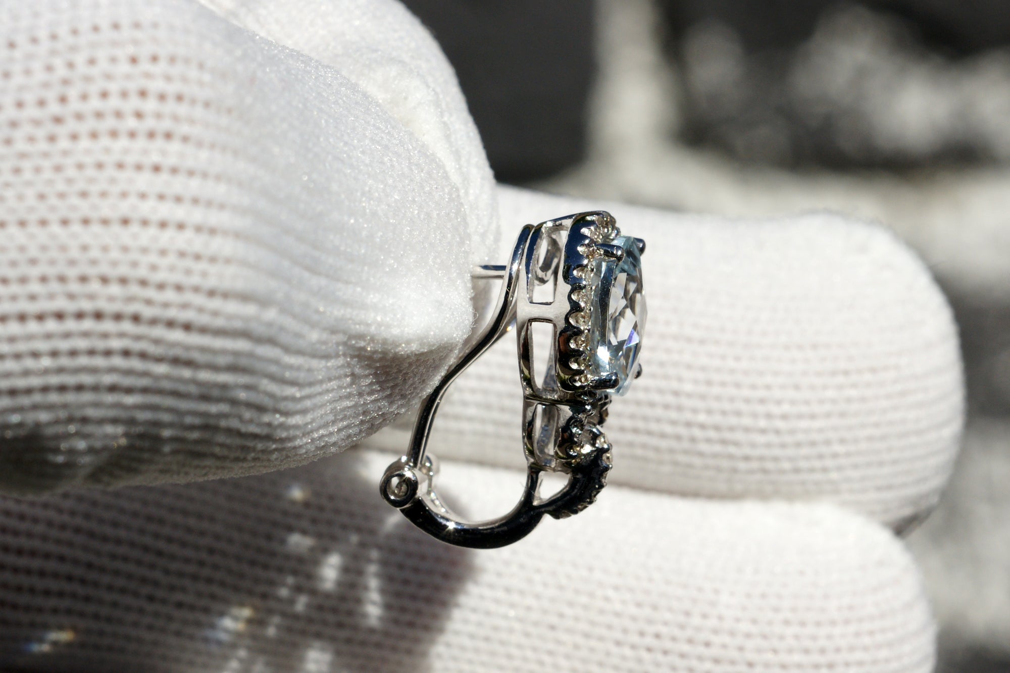 Oval Aquamarine Diamond Halo Huggies Earrings
