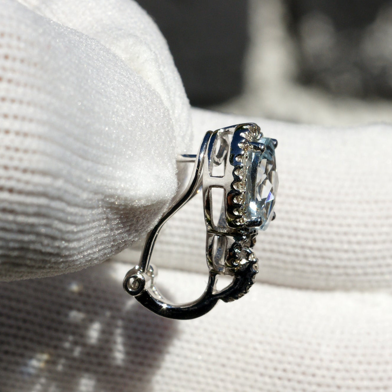 Oval Aquamarine Diamond Halo Huggies Earrings