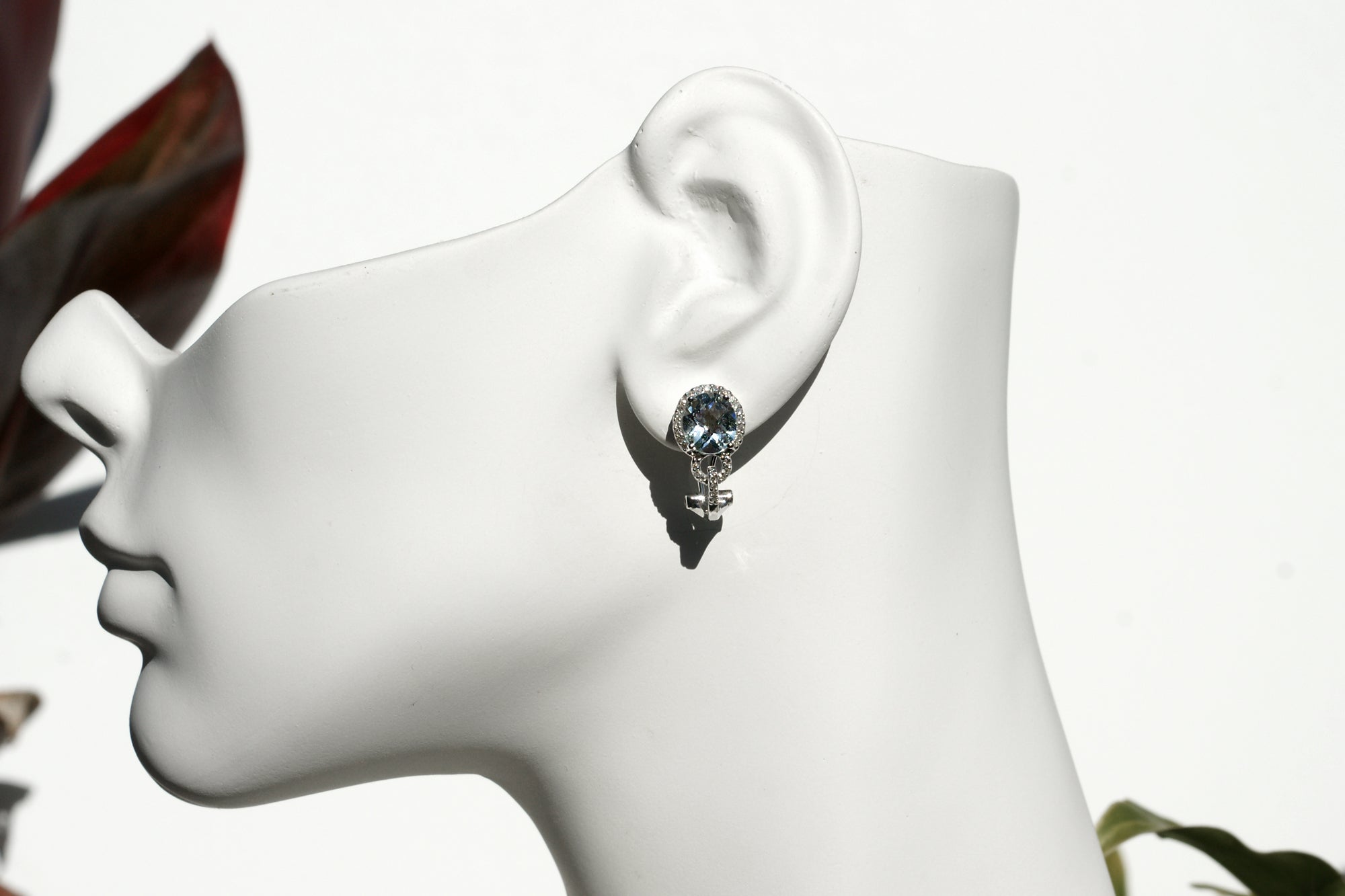 Oval Aquamarine Diamond Halo Huggies Earrings