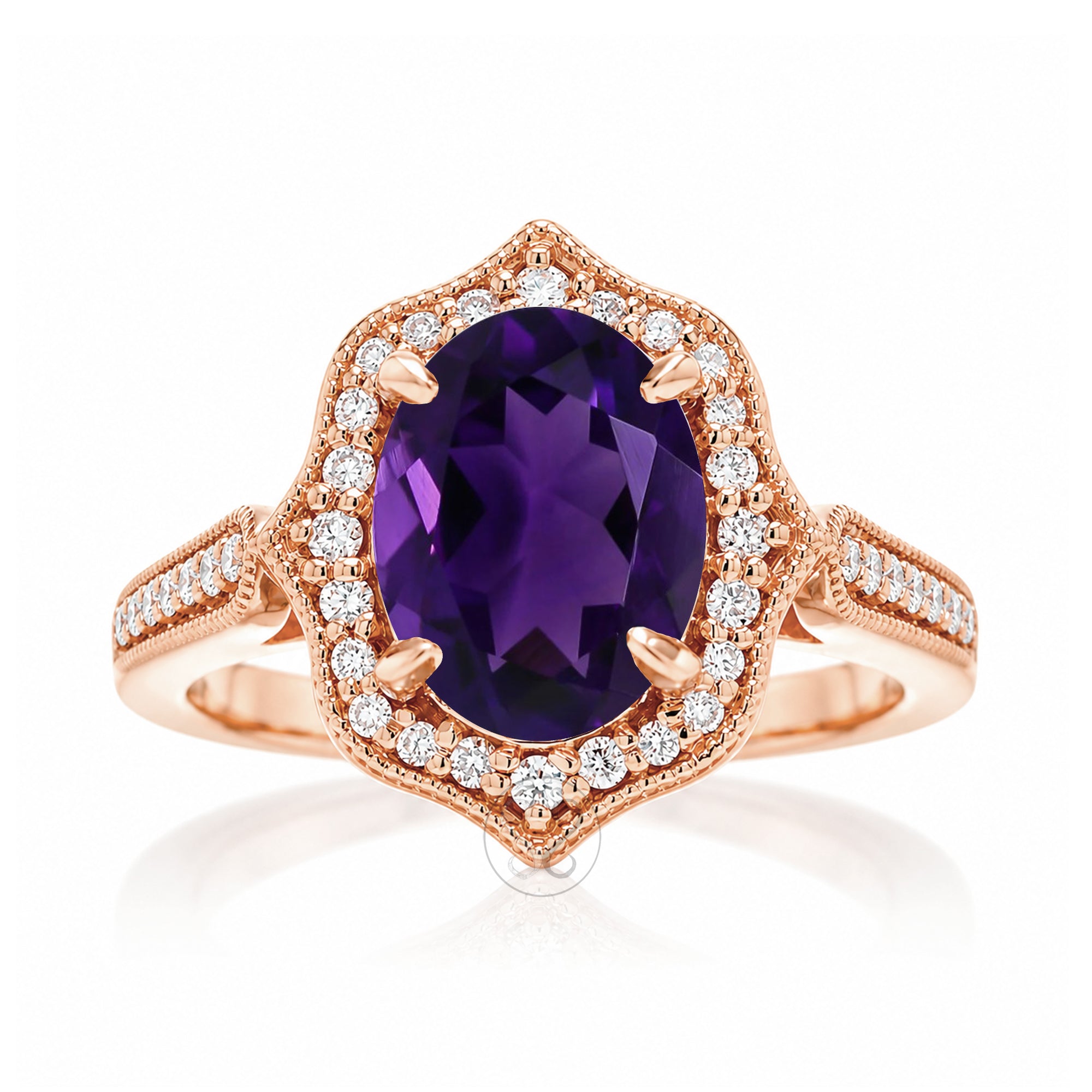 Art Deco Oval Amethyst and Diamond Halo Ring in Rose Gold