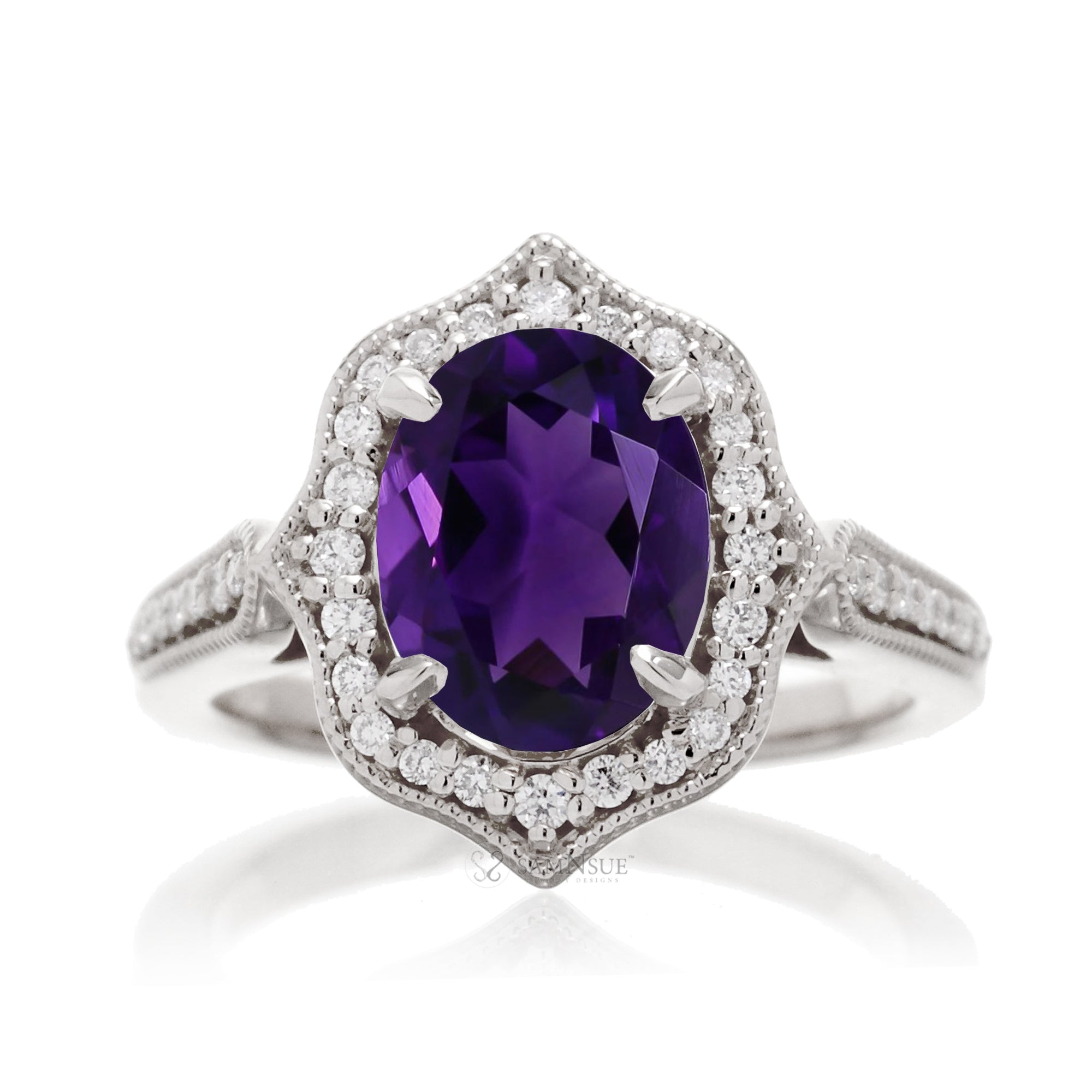 Elegant Oval Amethyst and Diamond Ring in White Gold
