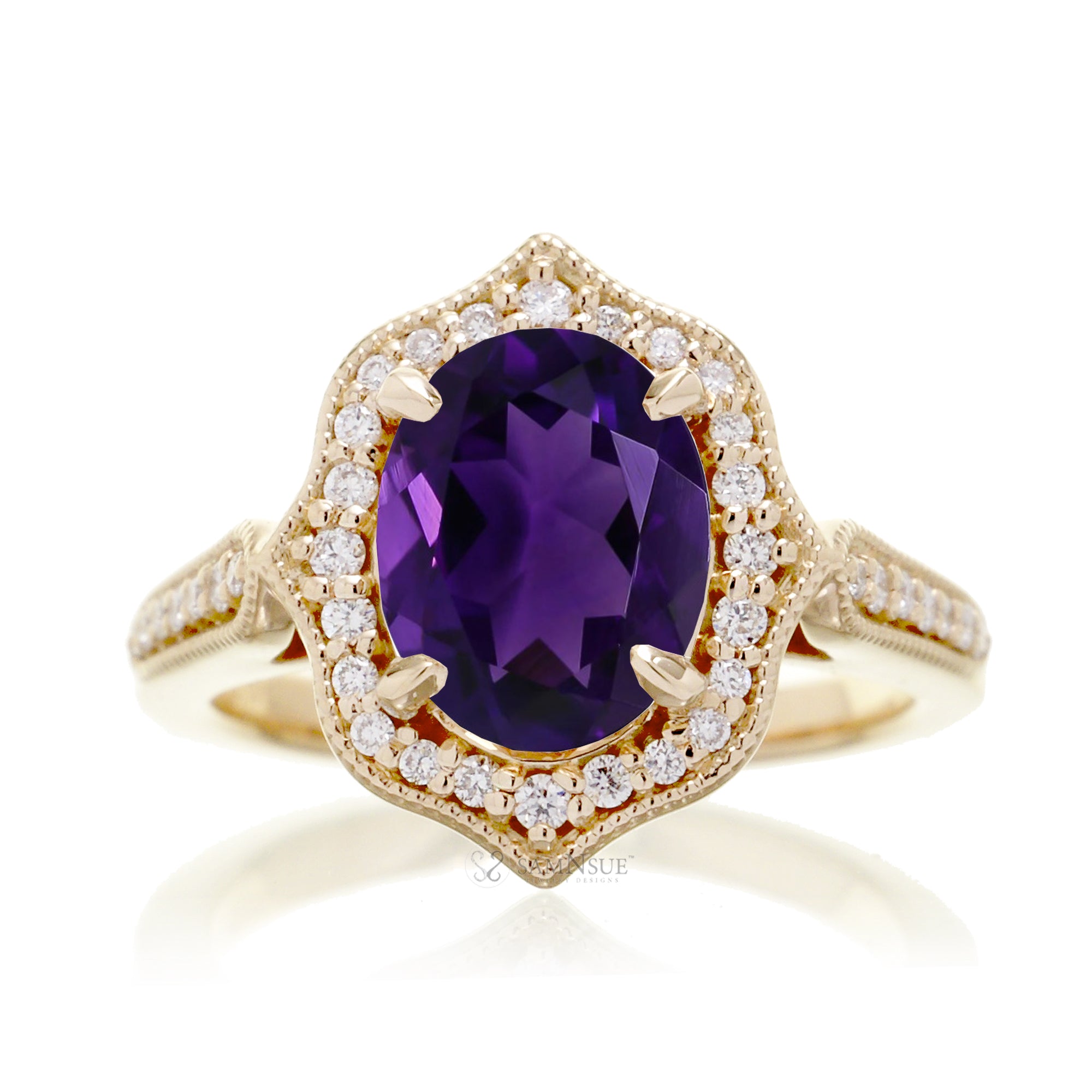 Vintage Oval Amethyst and Diamond Halo Ring in Yellow Gold