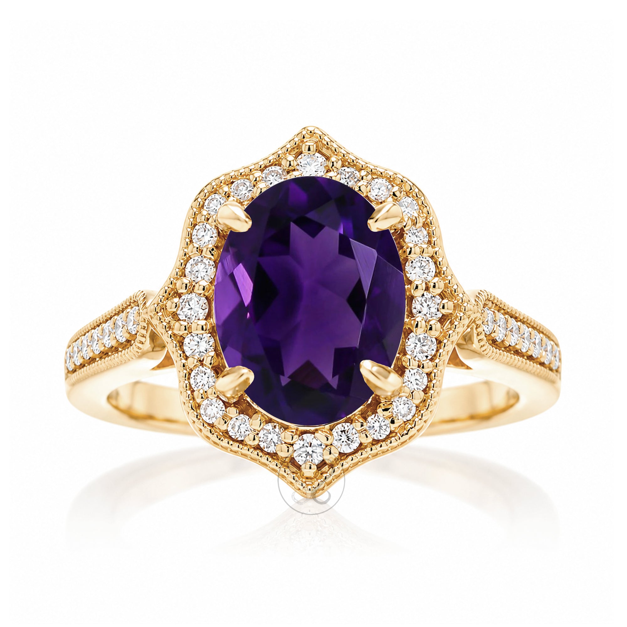 Vintage Oval Amethyst and Diamond Halo Ring in Yellow Gold