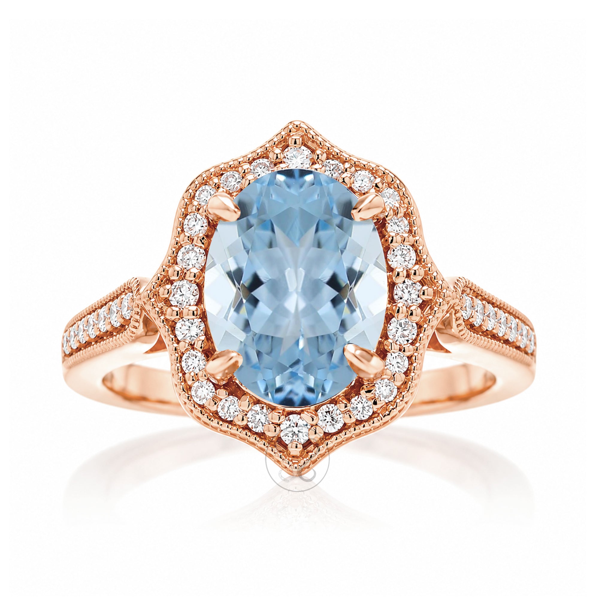 Art Deco Oval Aquamarine and Diamond Halo Ring in Rose Gold