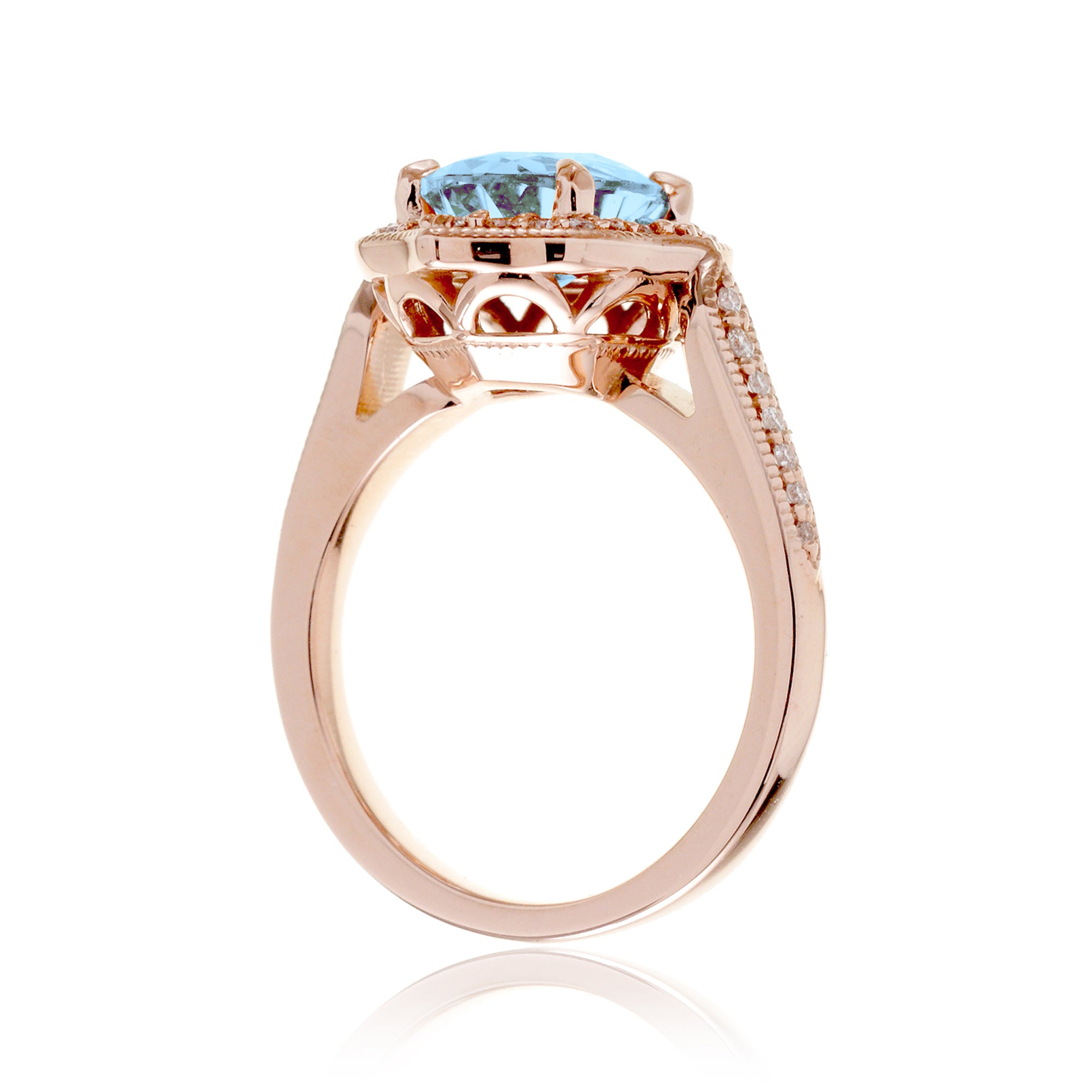 Art Deco Oval Aquamarine and Diamond Halo Ring in Rose Gold