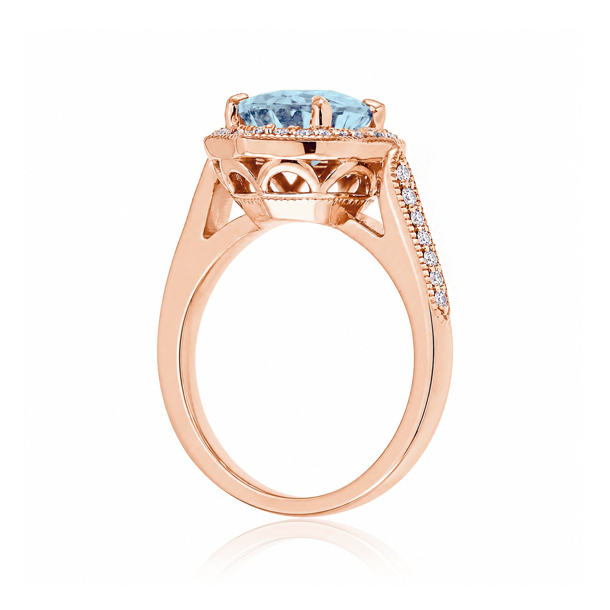 Art Deco Oval Aquamarine and Diamond Halo Ring in Rose Gold
