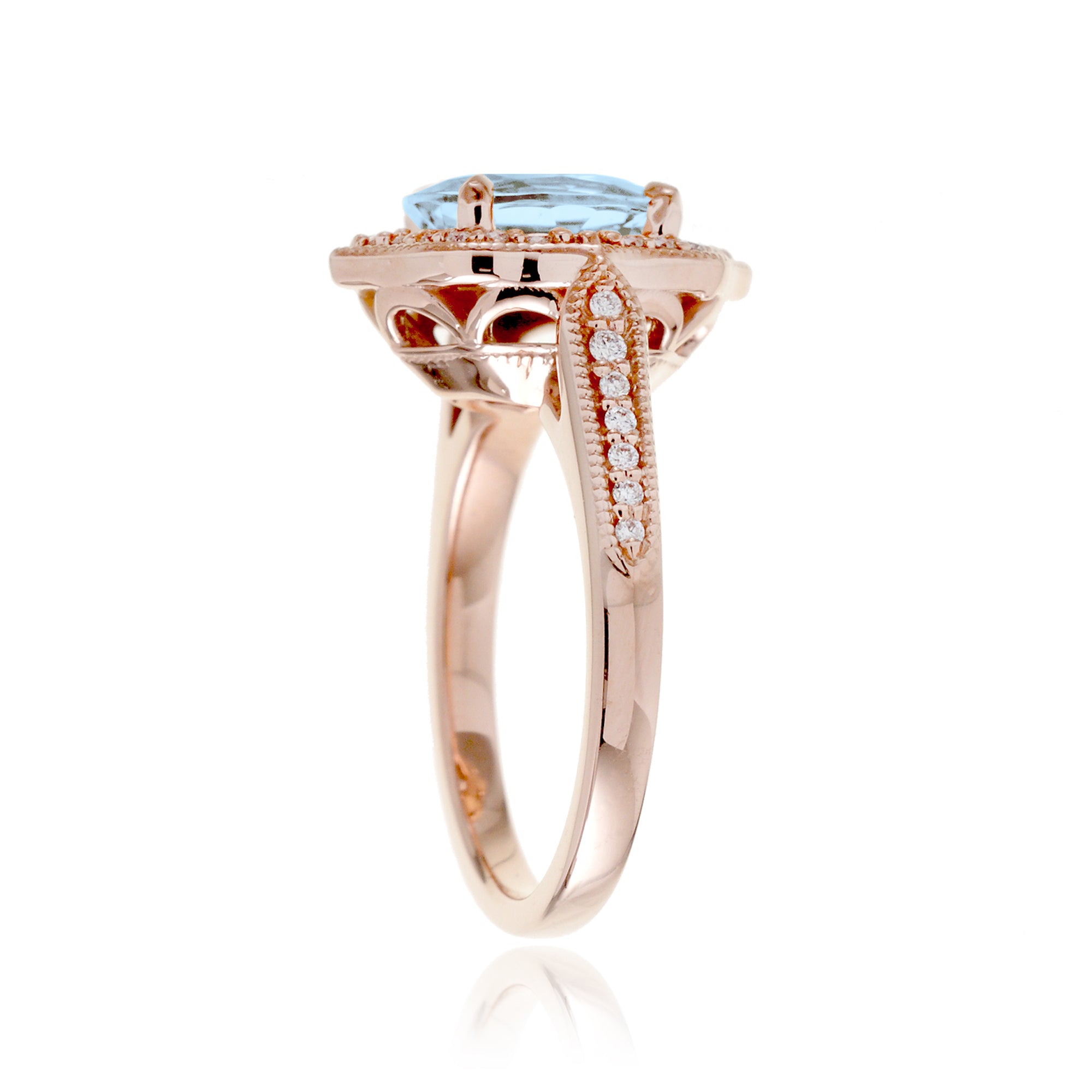 Art Deco Oval Aquamarine and Diamond Halo Ring in Rose Gold