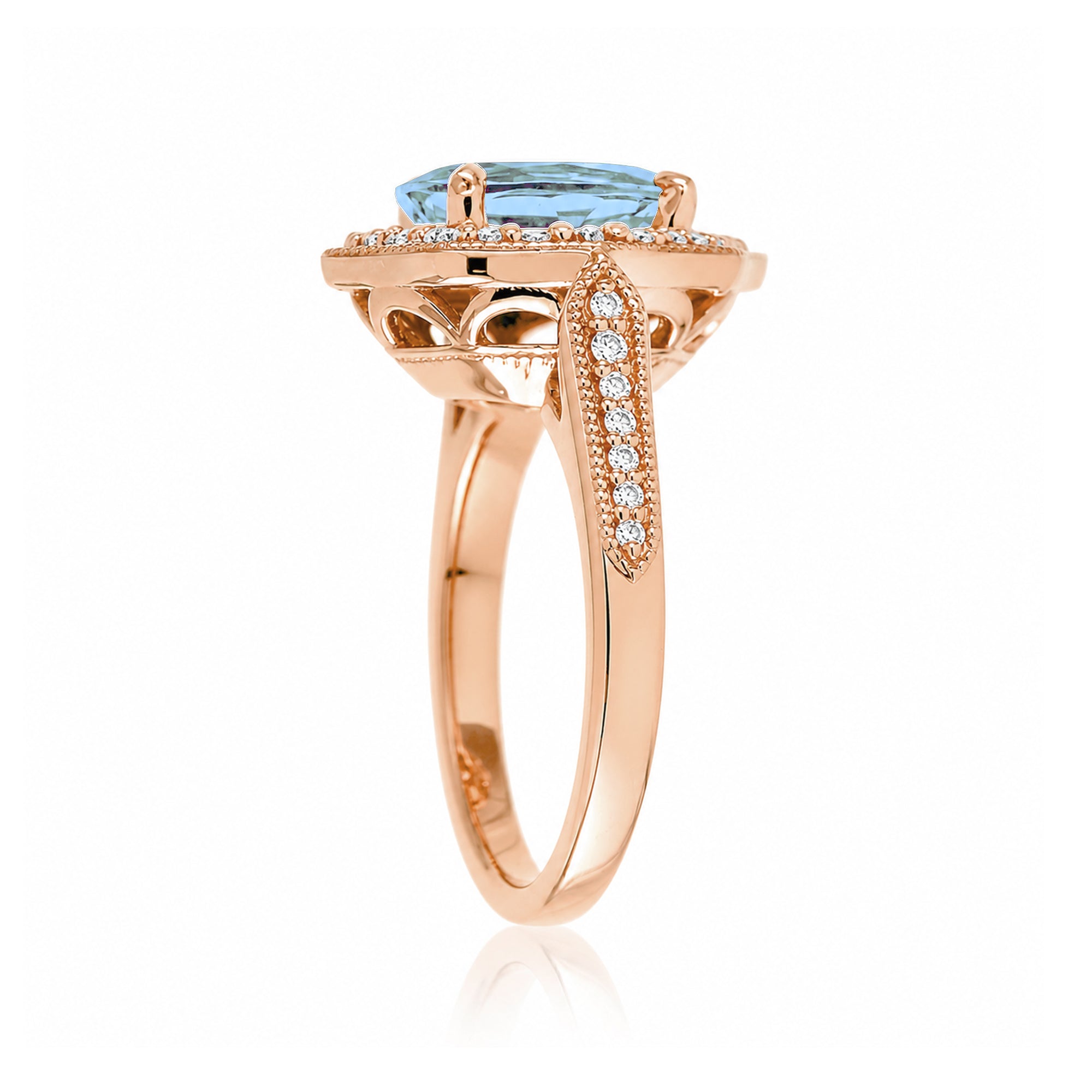 Art Deco Oval Aquamarine and Diamond Halo Ring in Rose Gold