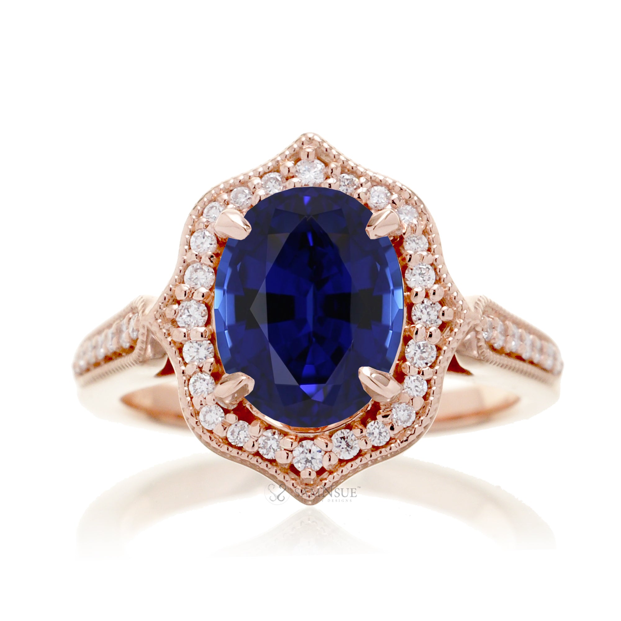 Art Deco Oval Blue Sapphire and Diamond Halo Ring in Rose Gold