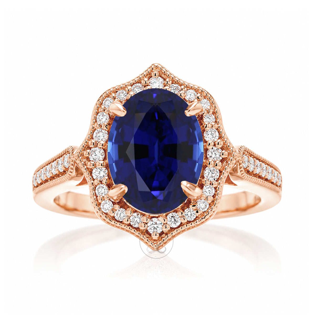 Art Deco Oval Blue Sapphire and Diamond Halo Ring in Rose Gold