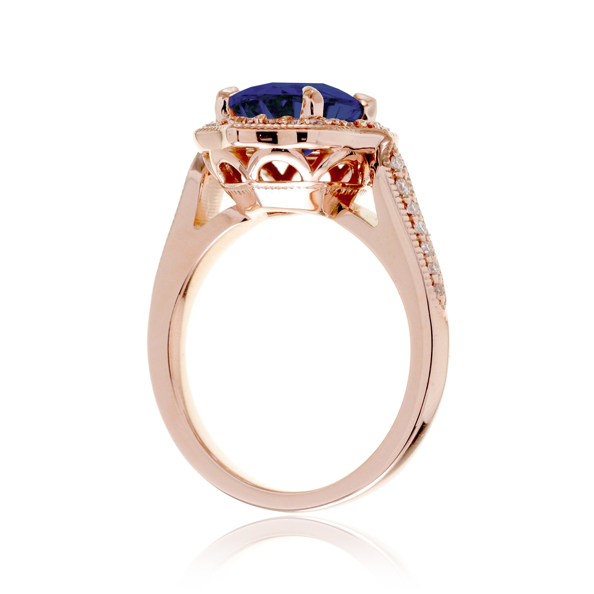 Art Deco Oval Blue Sapphire and Diamond Halo Ring in Rose Gold