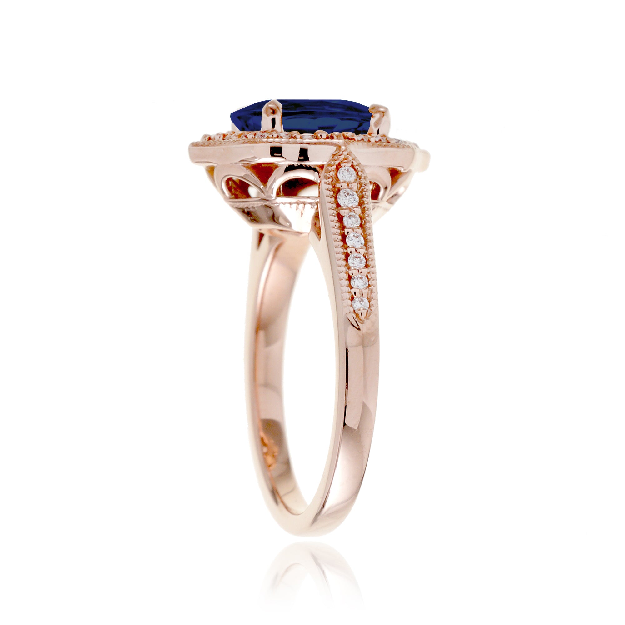 Art Deco Oval Blue Sapphire and Diamond Halo Ring in Rose Gold