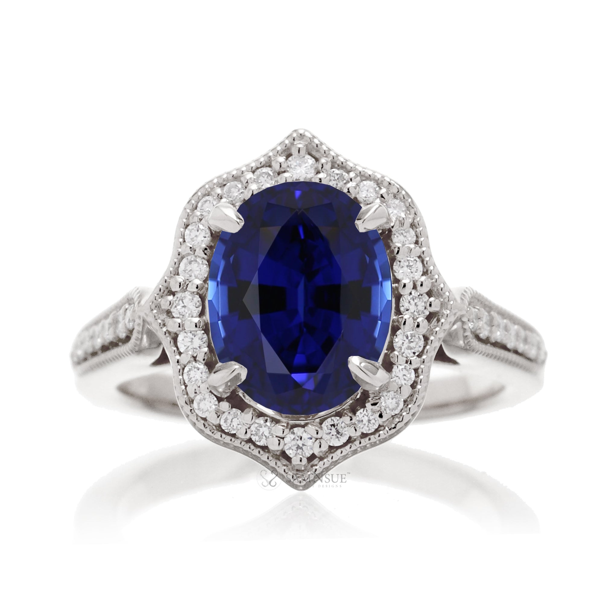 Elegant Oval Blue Sapphire and Diamond Ring in White Gold