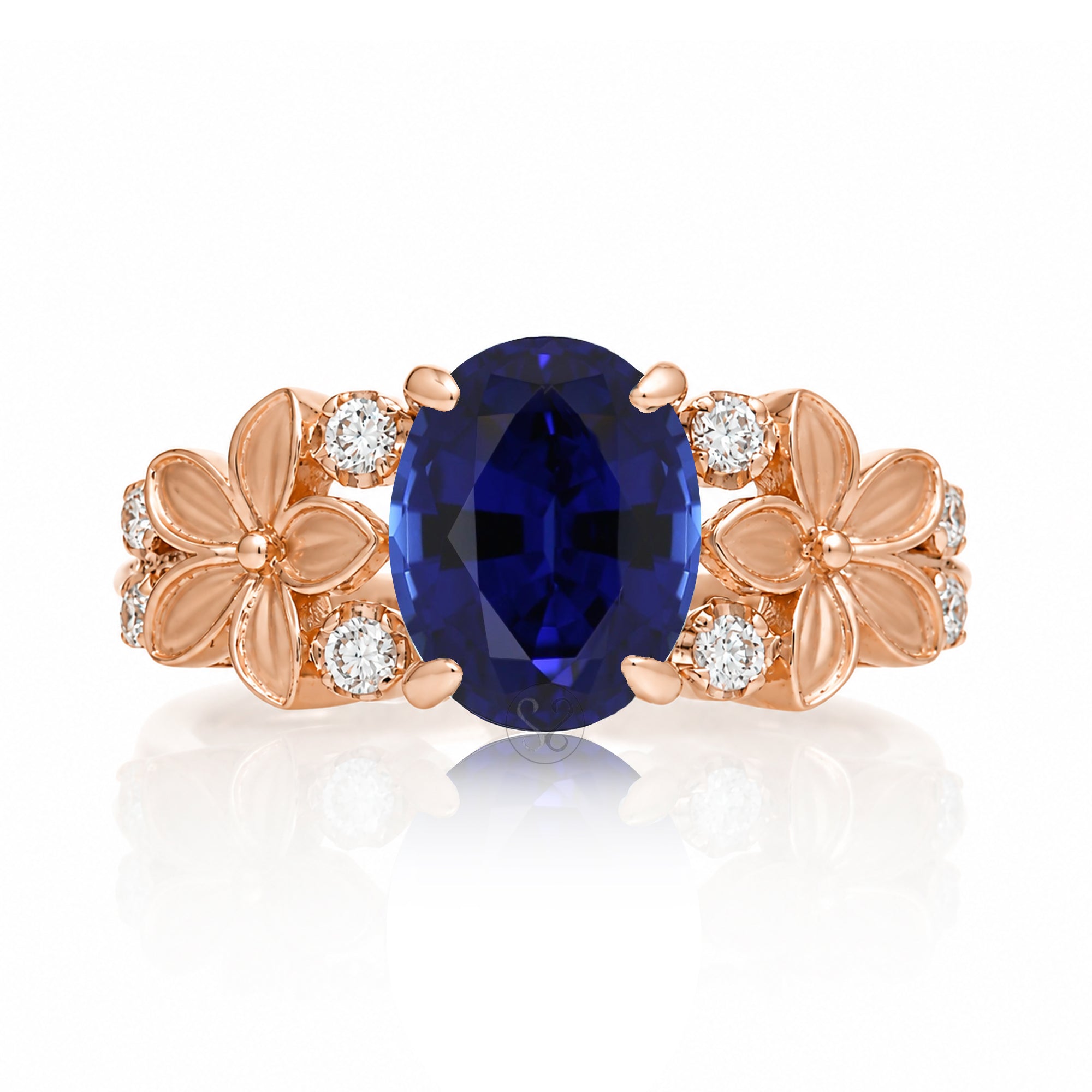Oval blue sapphire plumeria flower diamond ring in rose gold