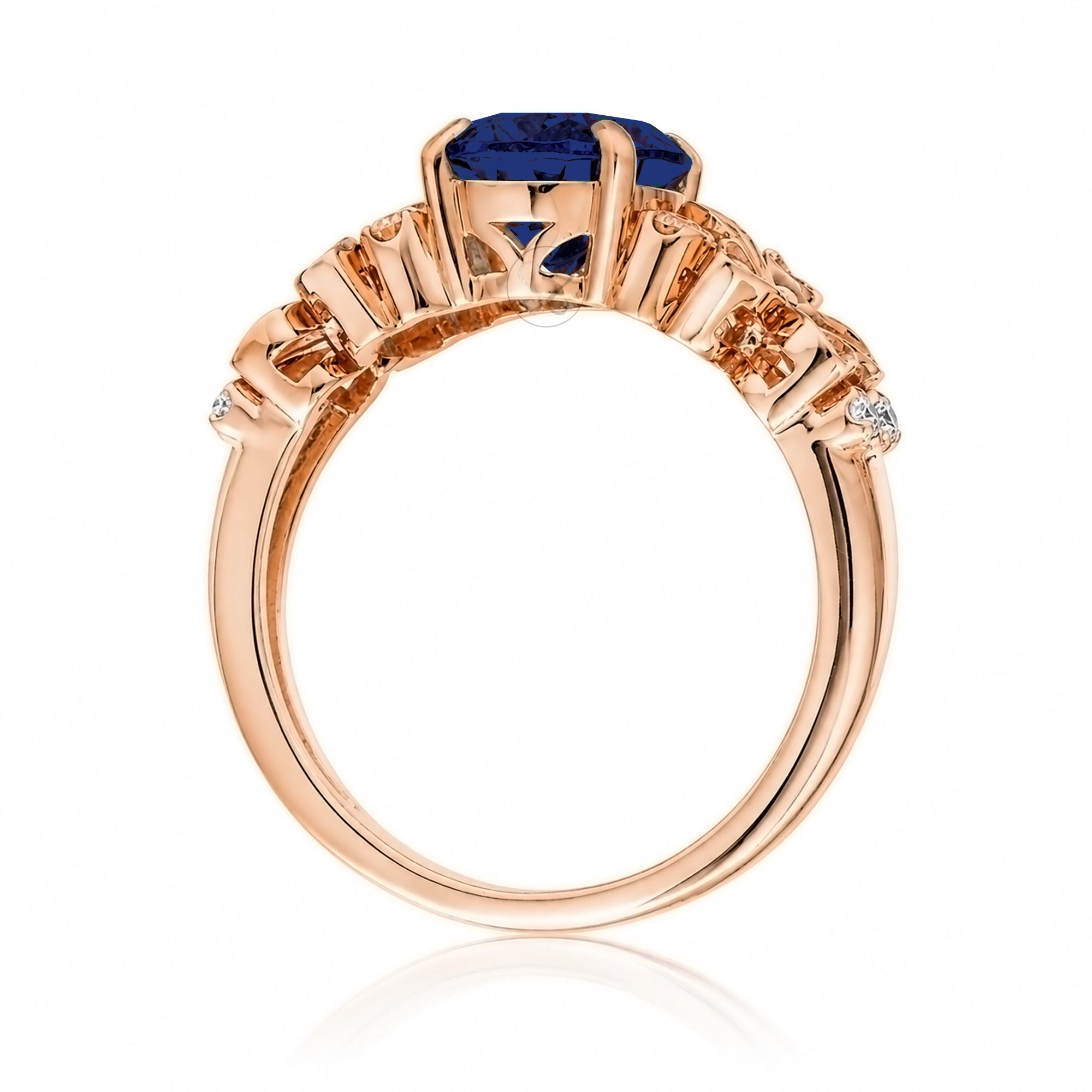 Oval blue sapphire plumeria flower diamond ring in rose gold