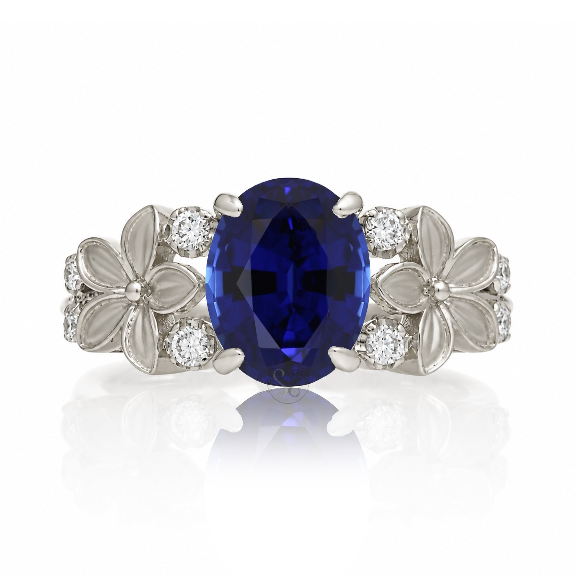 Oval blue sapphire plumeria flower diamond ring in white gold