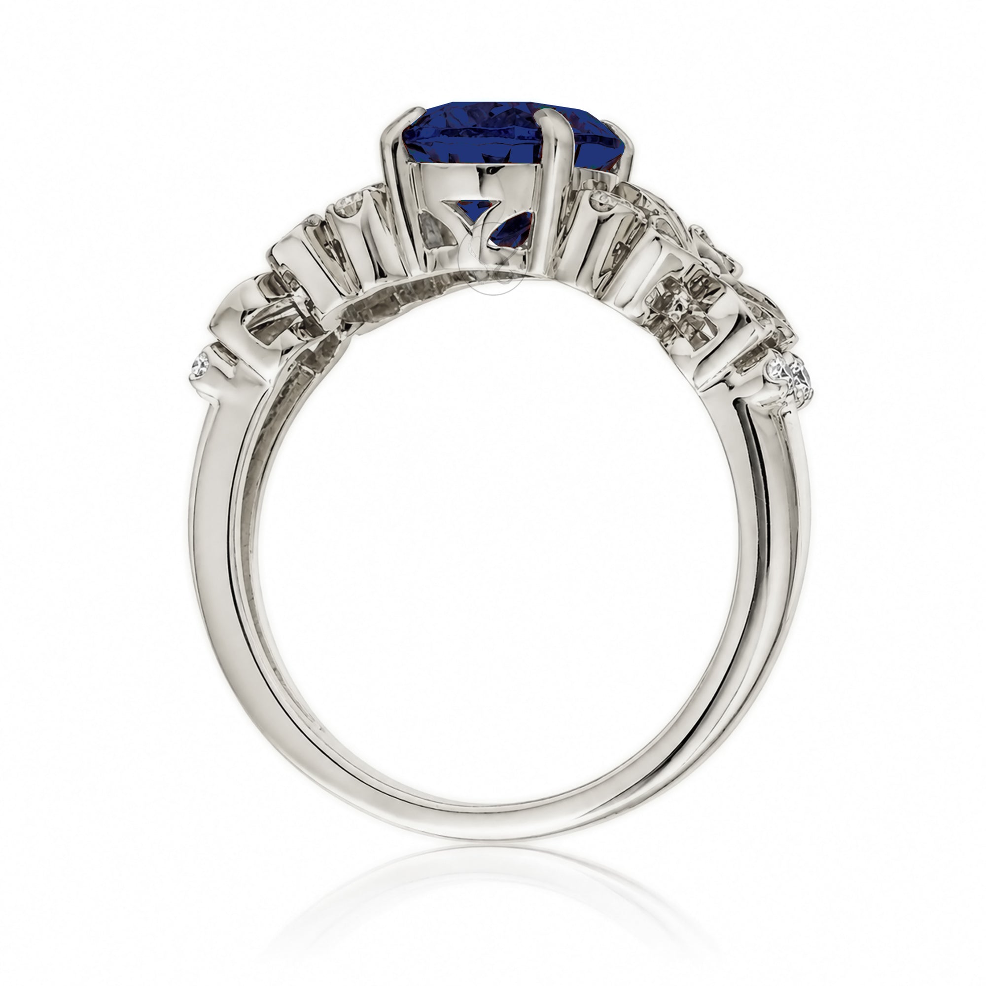 Oval blue sapphire plumeria flower diamond ring in white gold