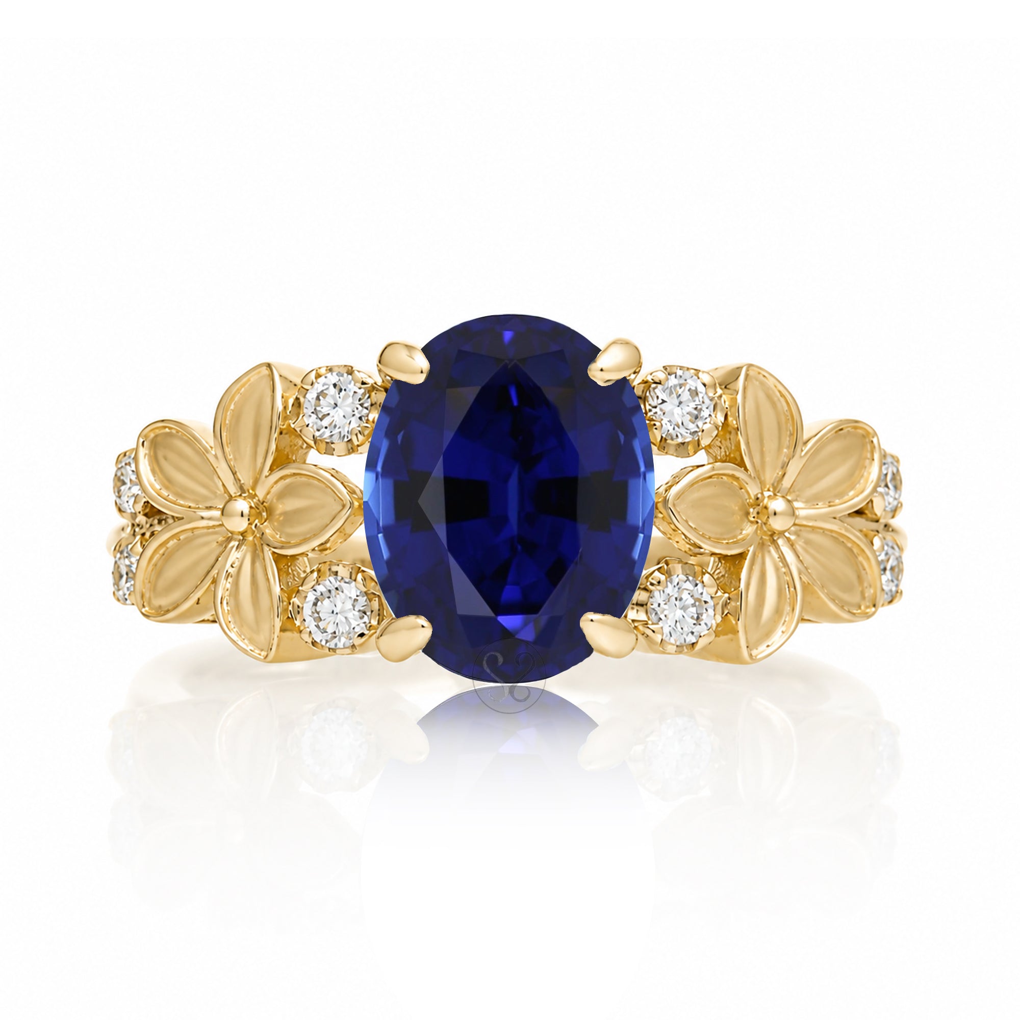 Oval blue sapphire plumeria flower diamond ring in yellow gold
