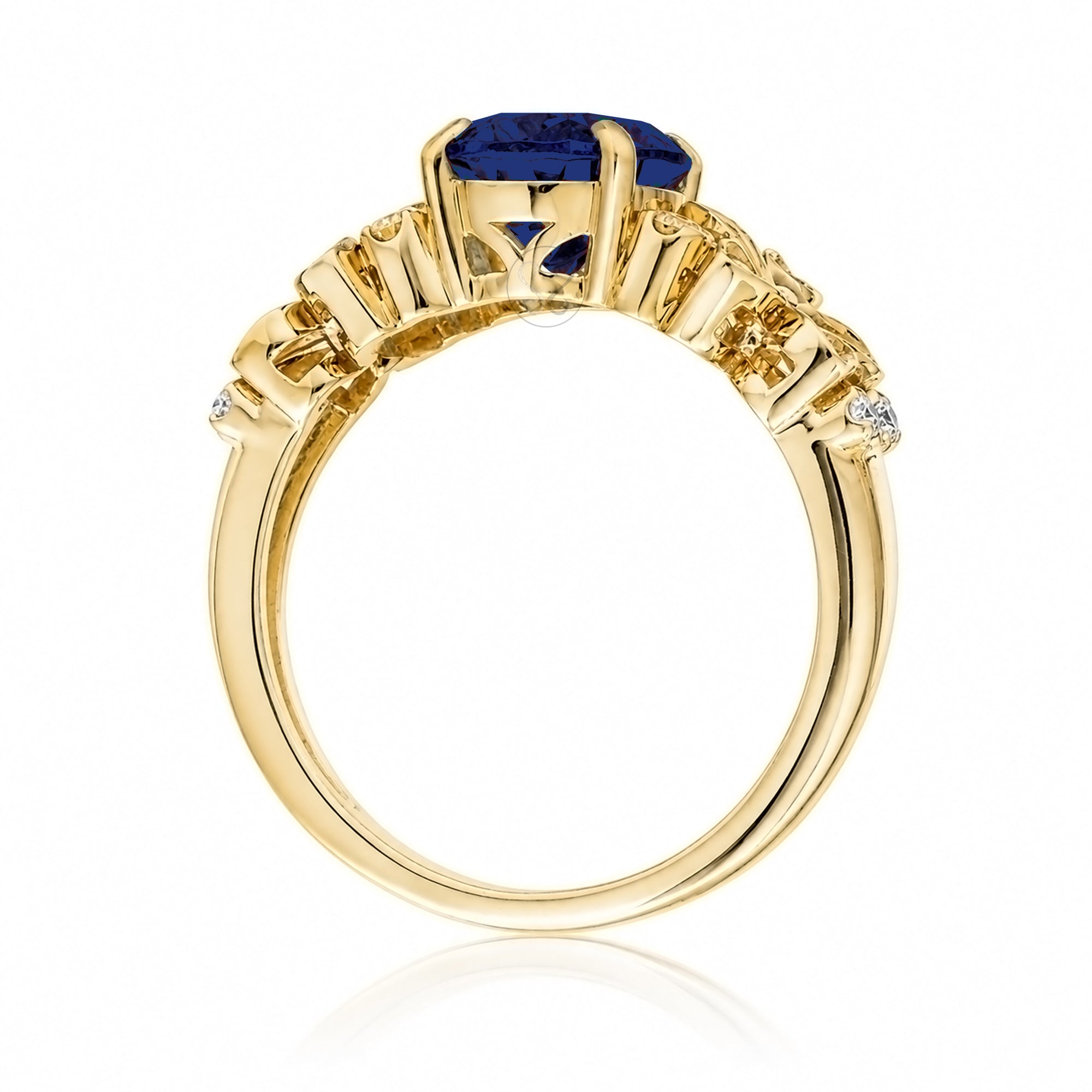 Oval blue sapphire plumeria flower diamond ring in yellow gold