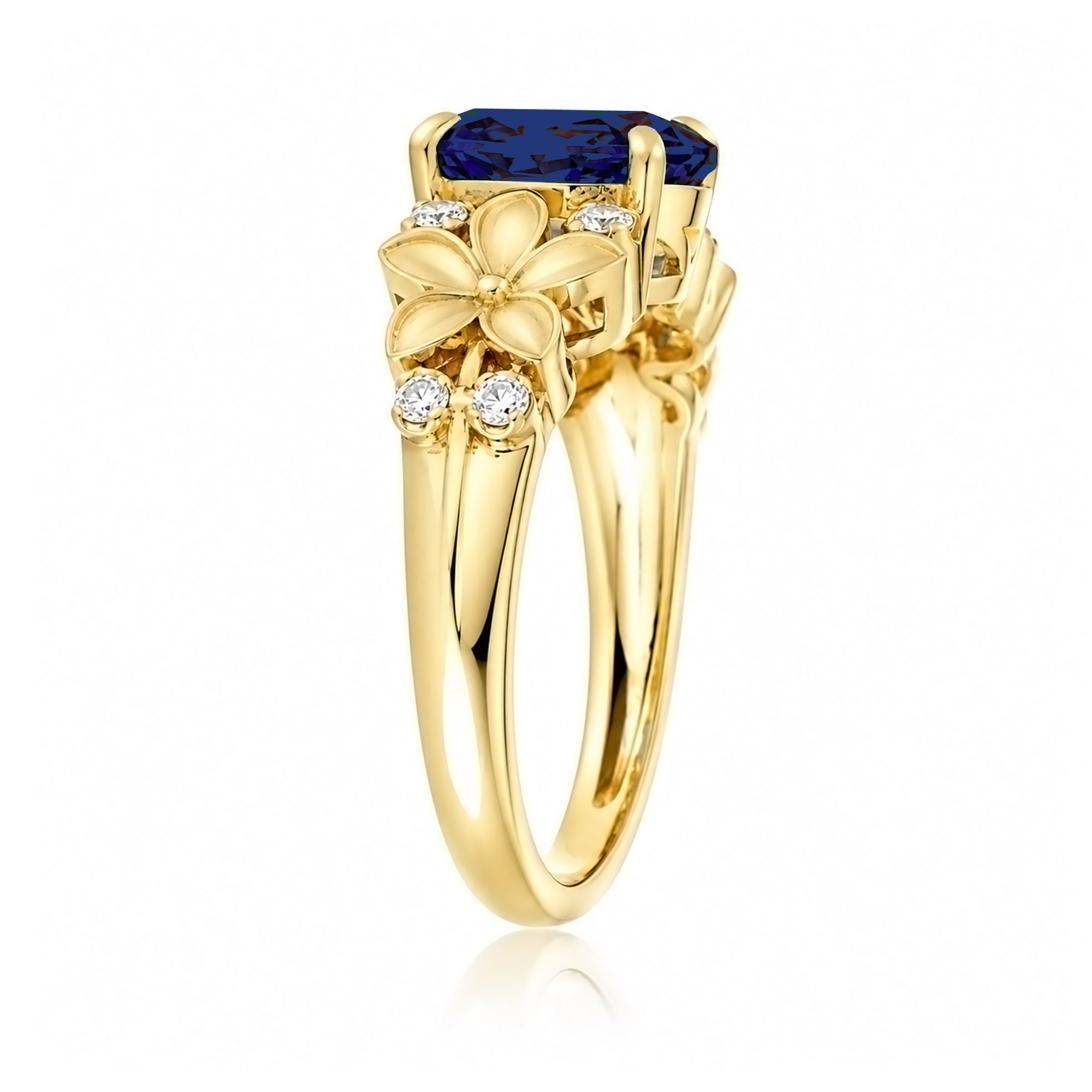 Oval blue sapphire plumeria flower diamond ring in yellow gold