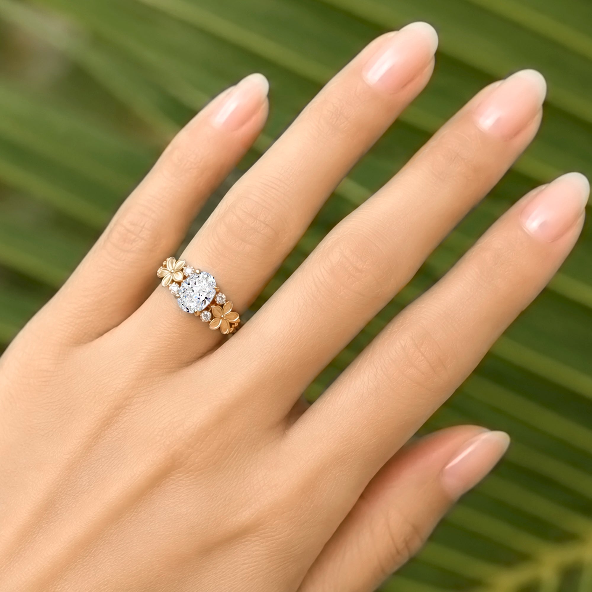 Island plumeria diamond ring in yellow gold