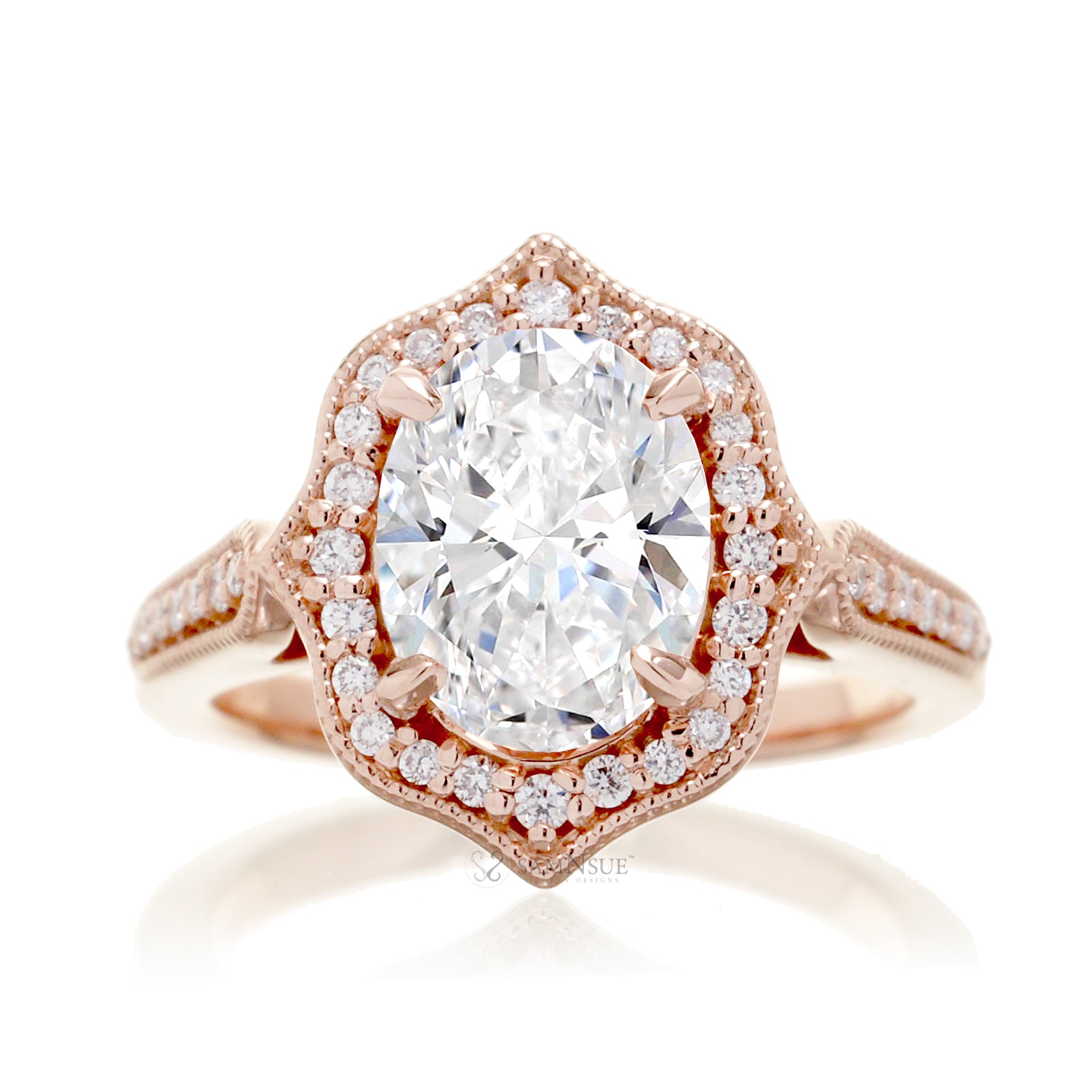 Art Deco Oval Diamond and Diamond Halo Ring in Rose Gold