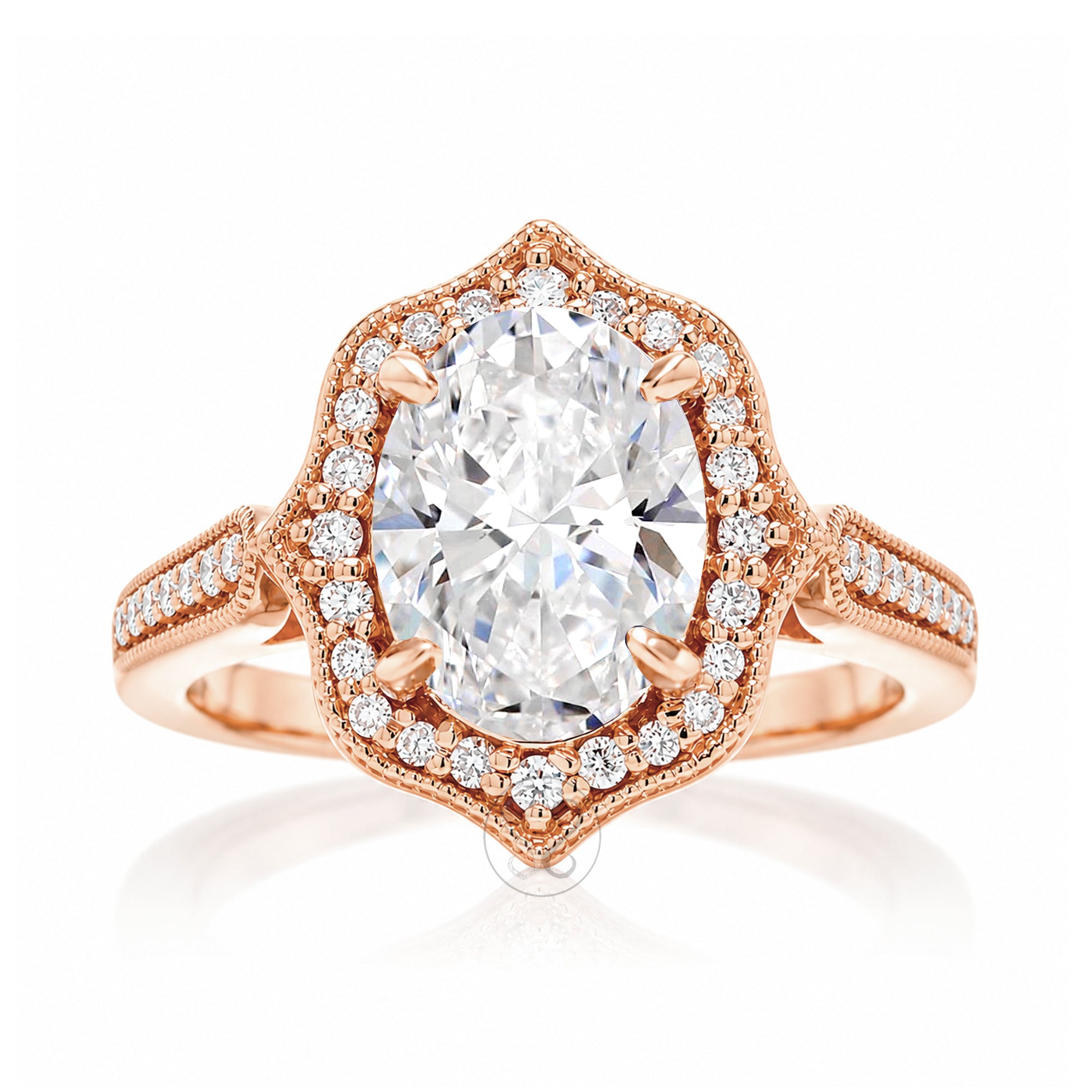 Art Deco Oval Diamond and Diamond Halo Ring in Rose Gold