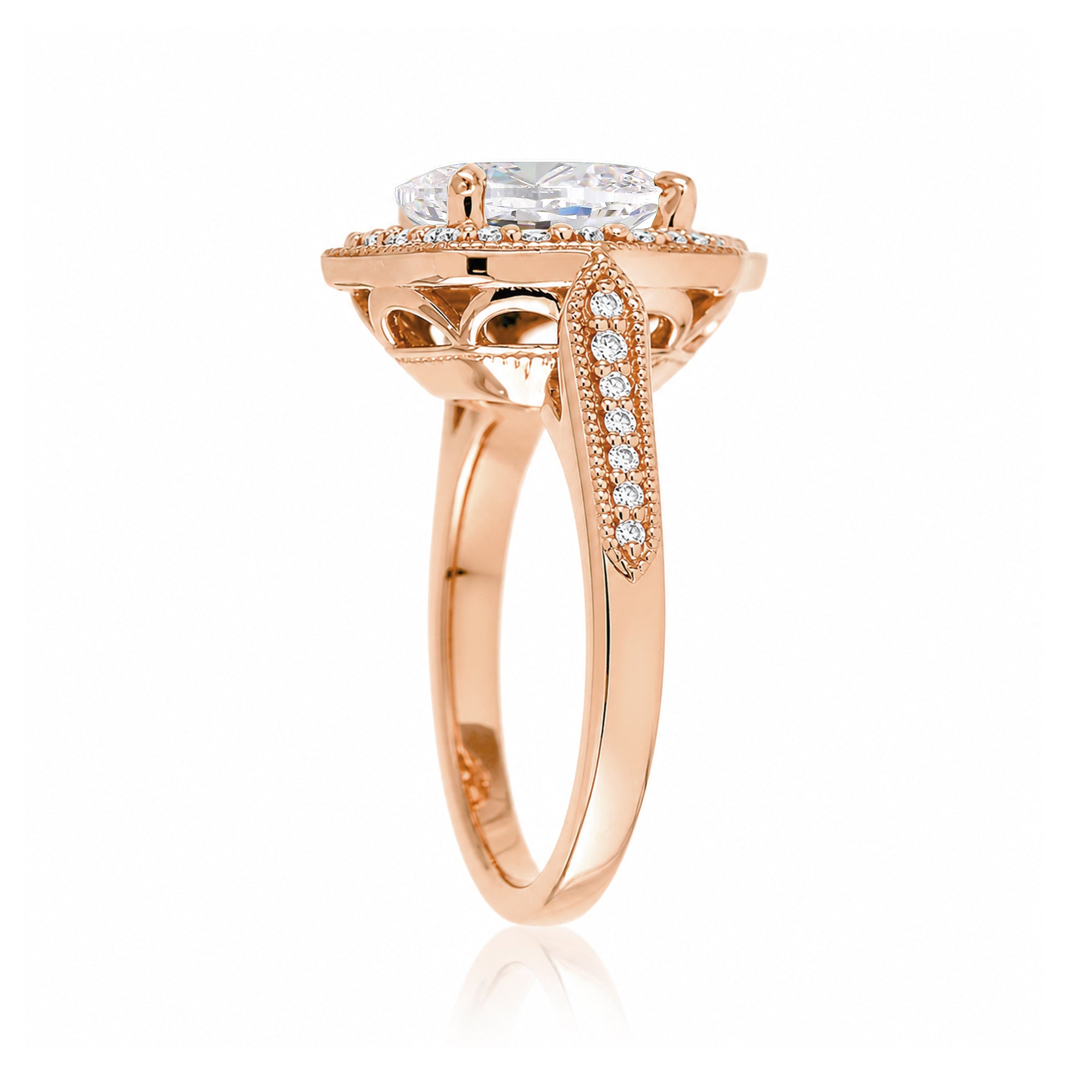 Art Deco Oval Moissanite and Diamond Halo Ring in Rose Gold
