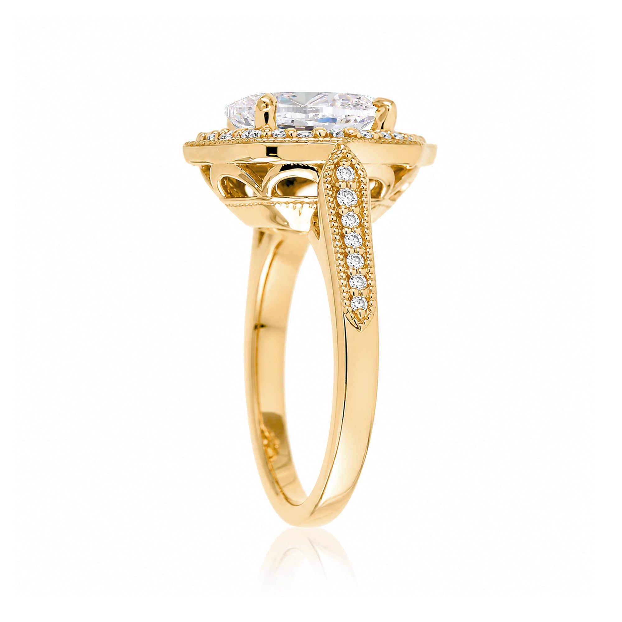 Vintage Oval Moissanite and Diamond Halo Ring in Yellow Gold