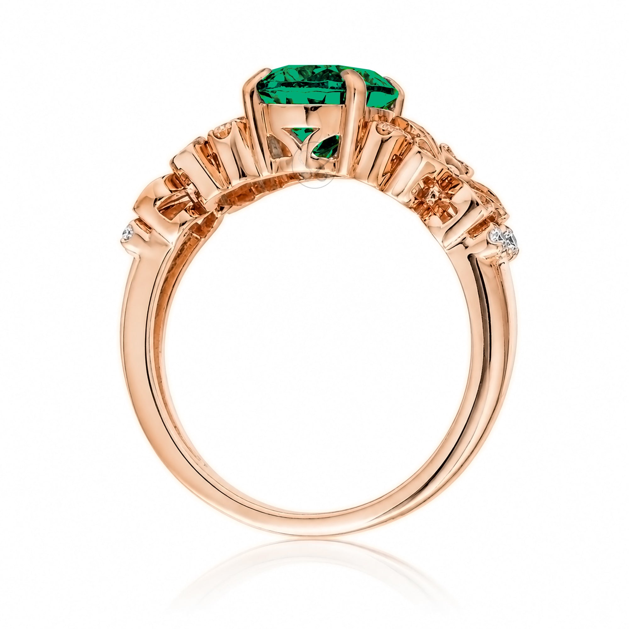Oval emerald diamond ring with plumeria flower island style rose gold