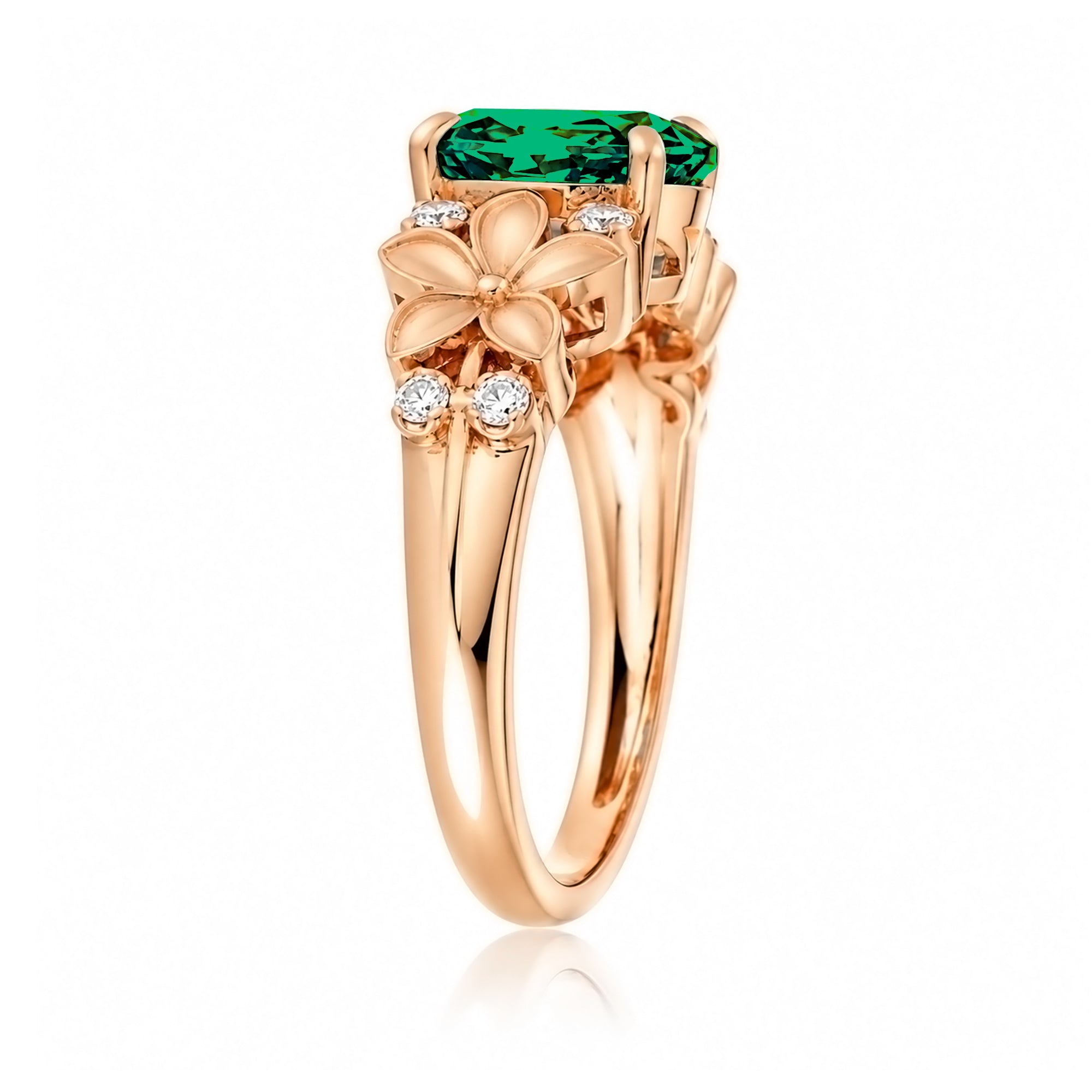 Oval emerald diamond ring with plumeria flower island style rose gold