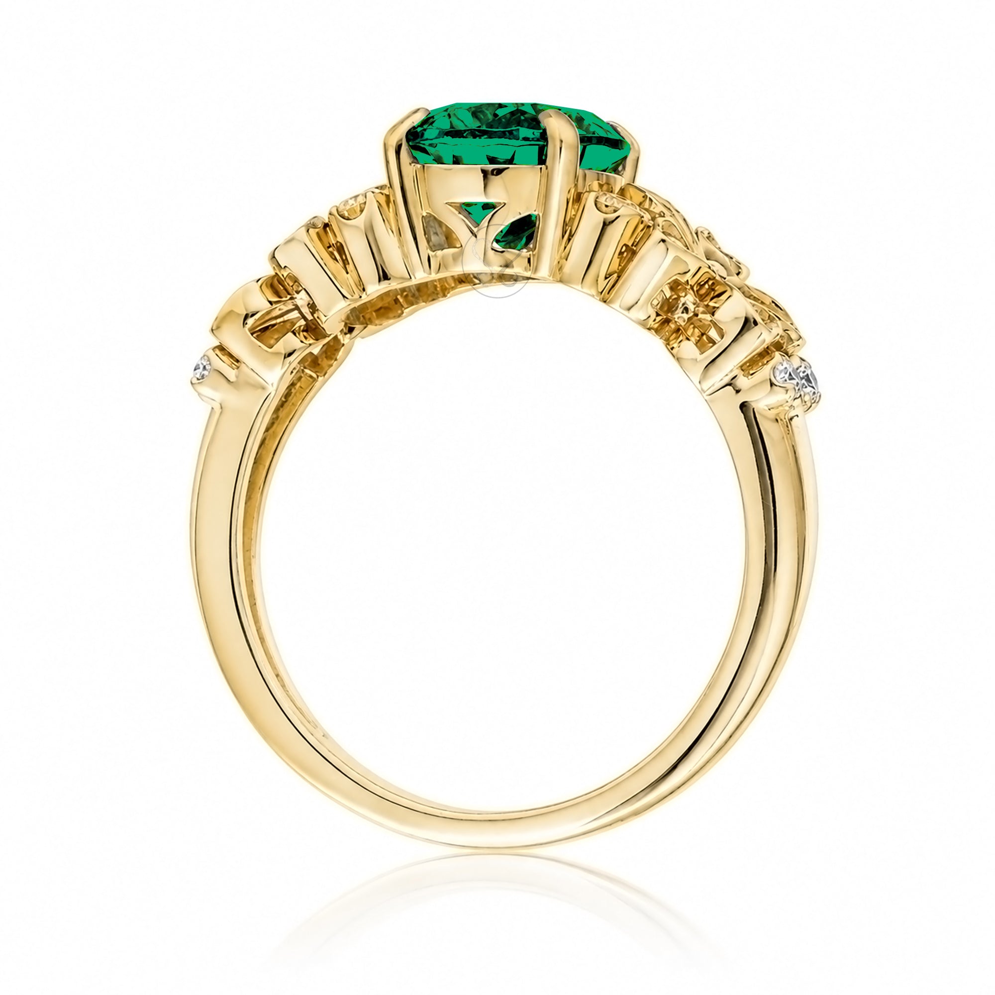 Oval emerald diamond ring with plumeria flower island style yellow gold
