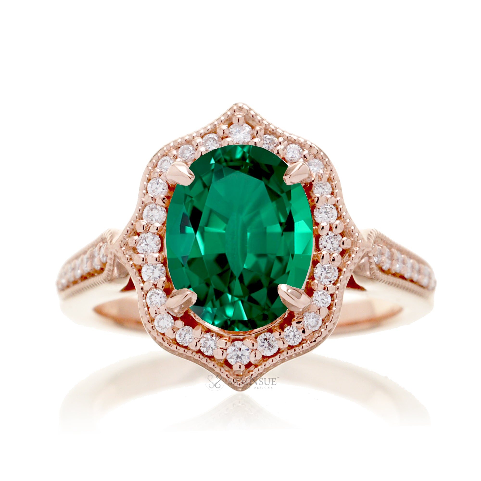 Art Deco Oval Emerald and Diamond Halo Ring in Rose Gold