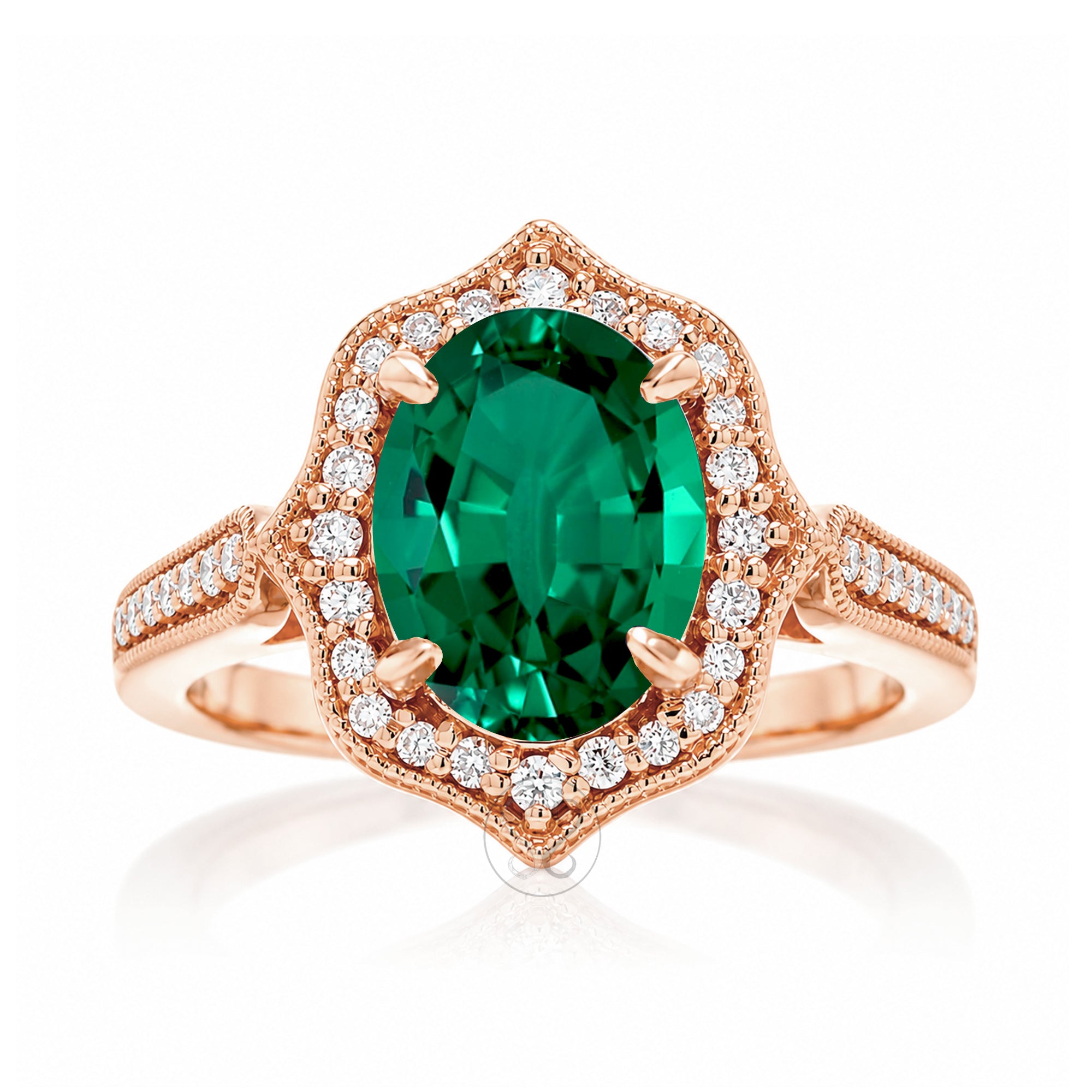 Art Deco Oval Emerald and Diamond Halo Ring in Rose Gold
