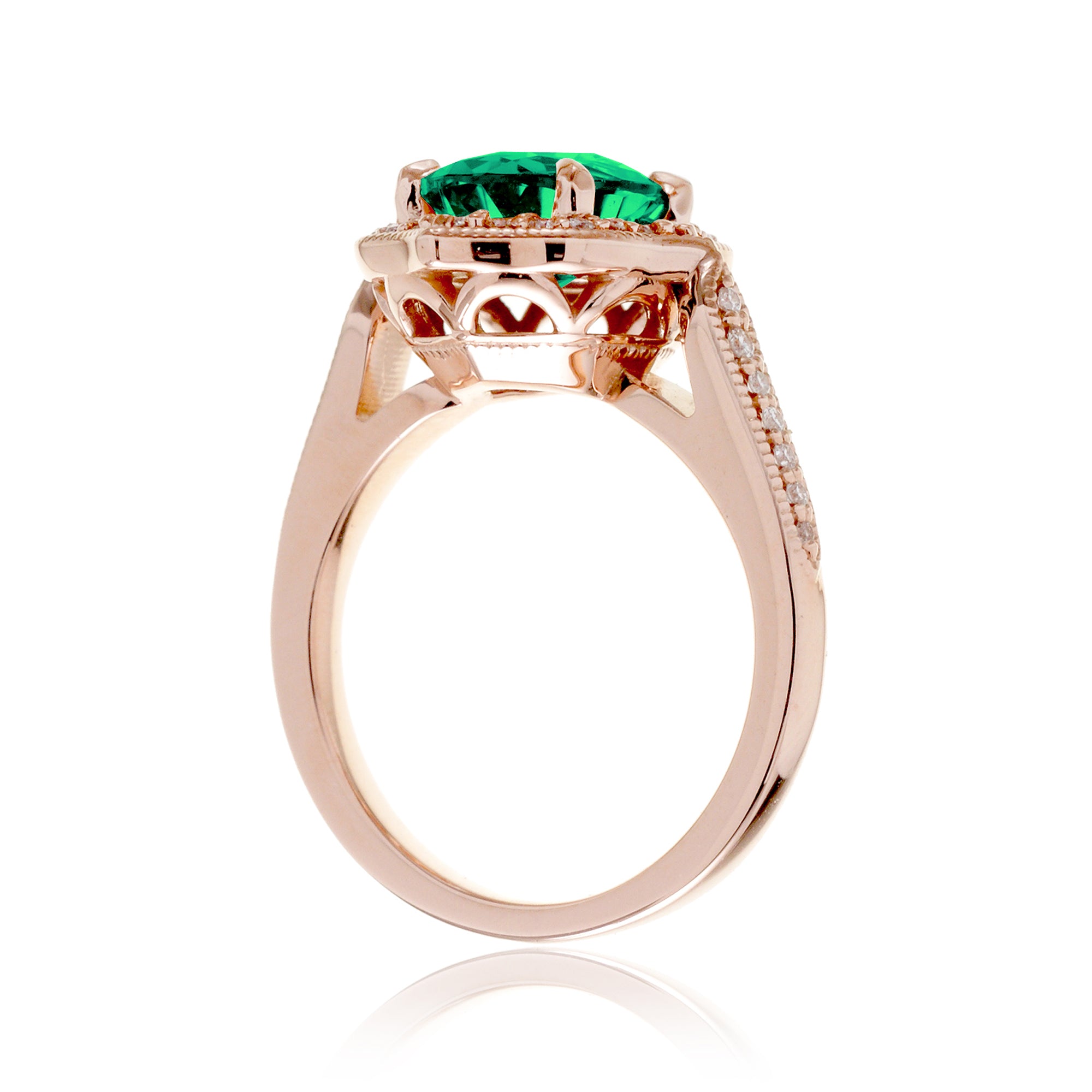 Art Deco Oval Emerald and Diamond Halo Ring in Rose Gold